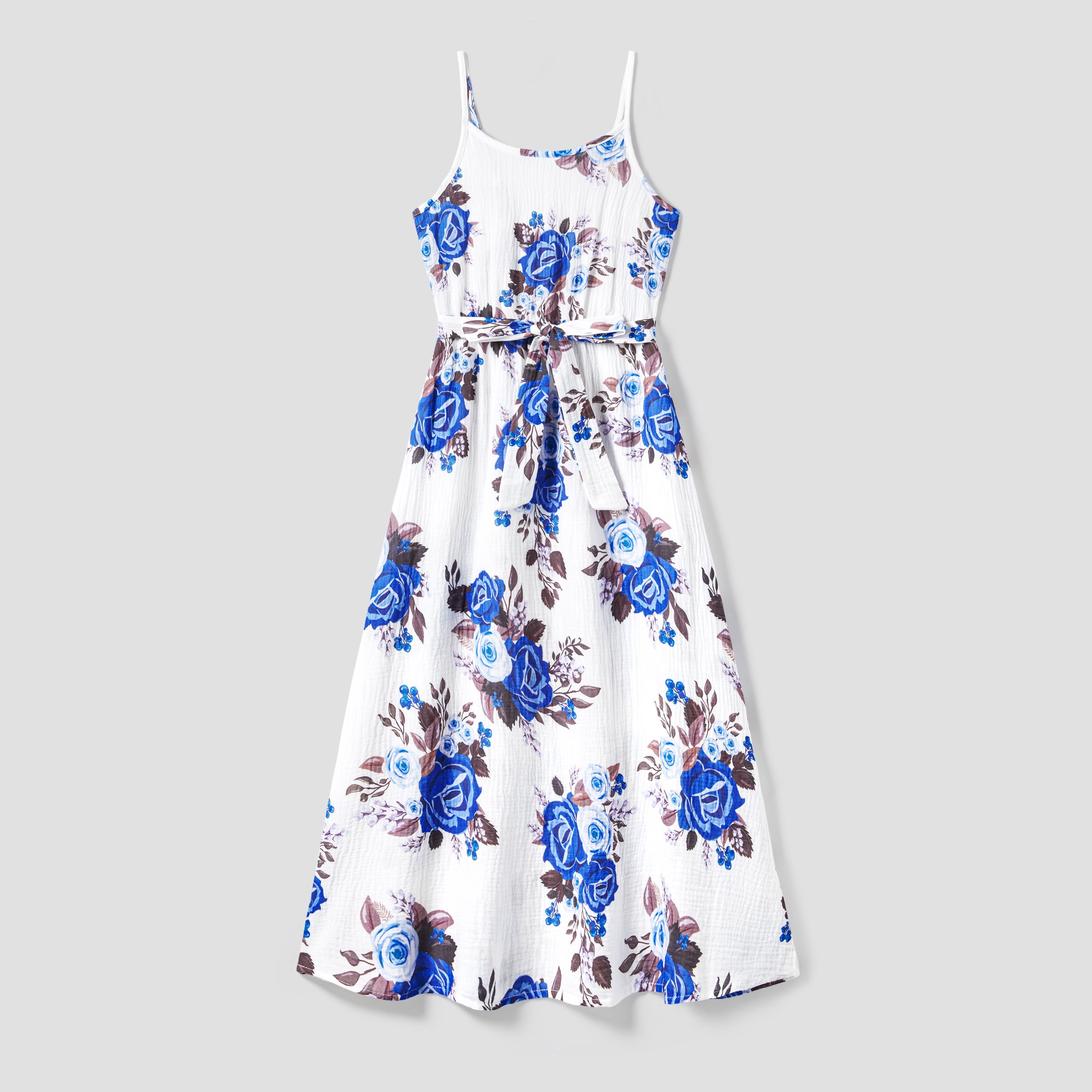 Family Matching Solid Color Shirt And Floral Cotton Strap Dress Sets