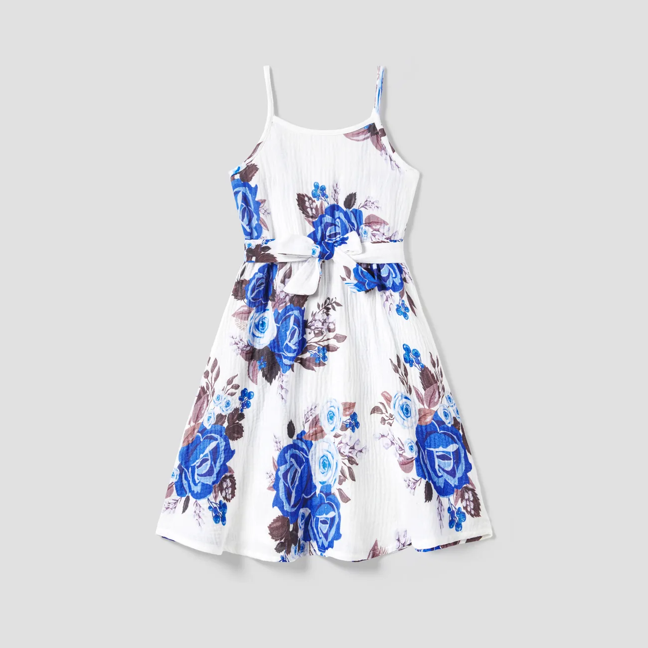 Family Matching Solid Color Shirt and Floral Cotton Strap Dress Sets Royal Blue big image 1