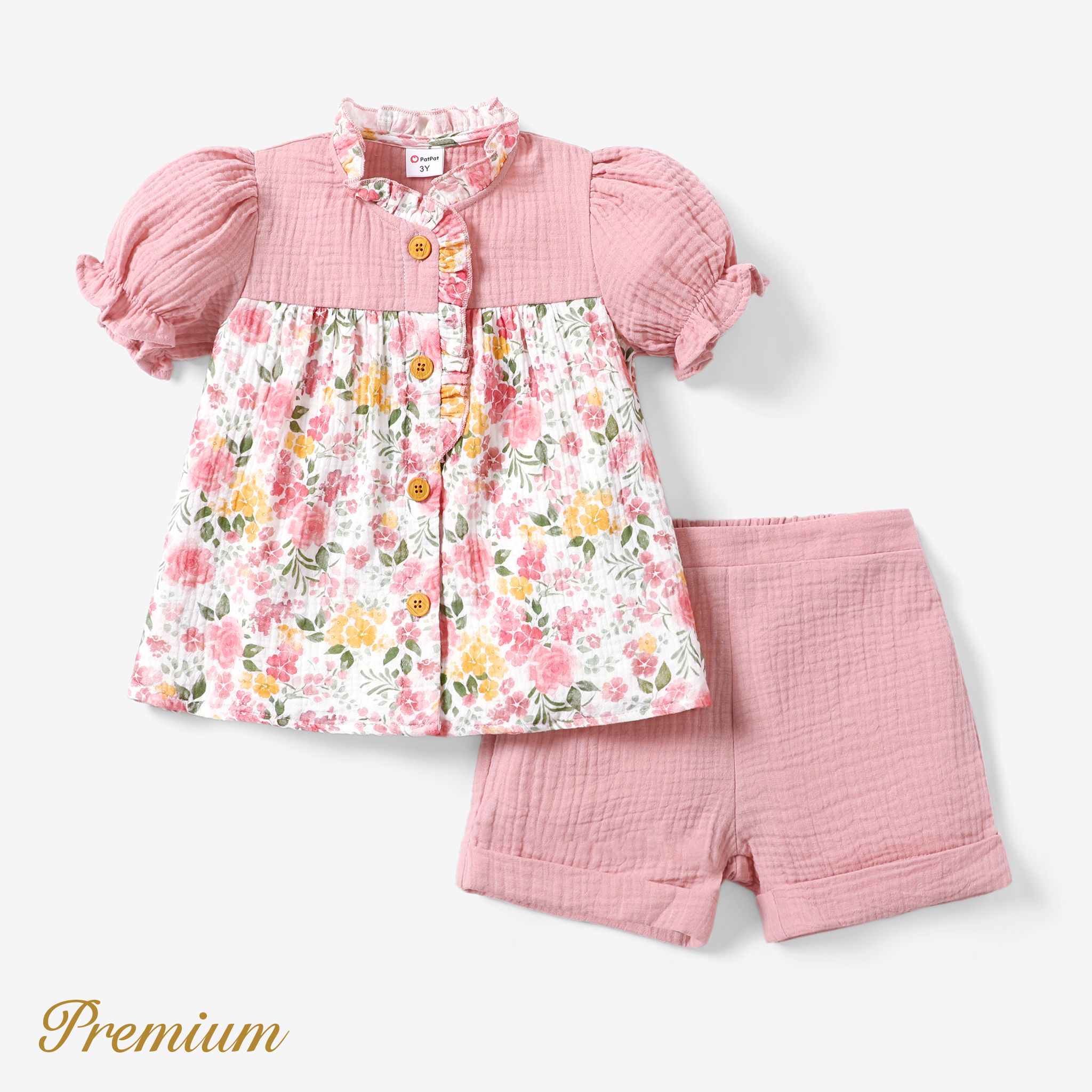 2pcs Toddler/Kid Girl Elegant Cotton  Set with Ruffle Edge and Broken Flower Pattern