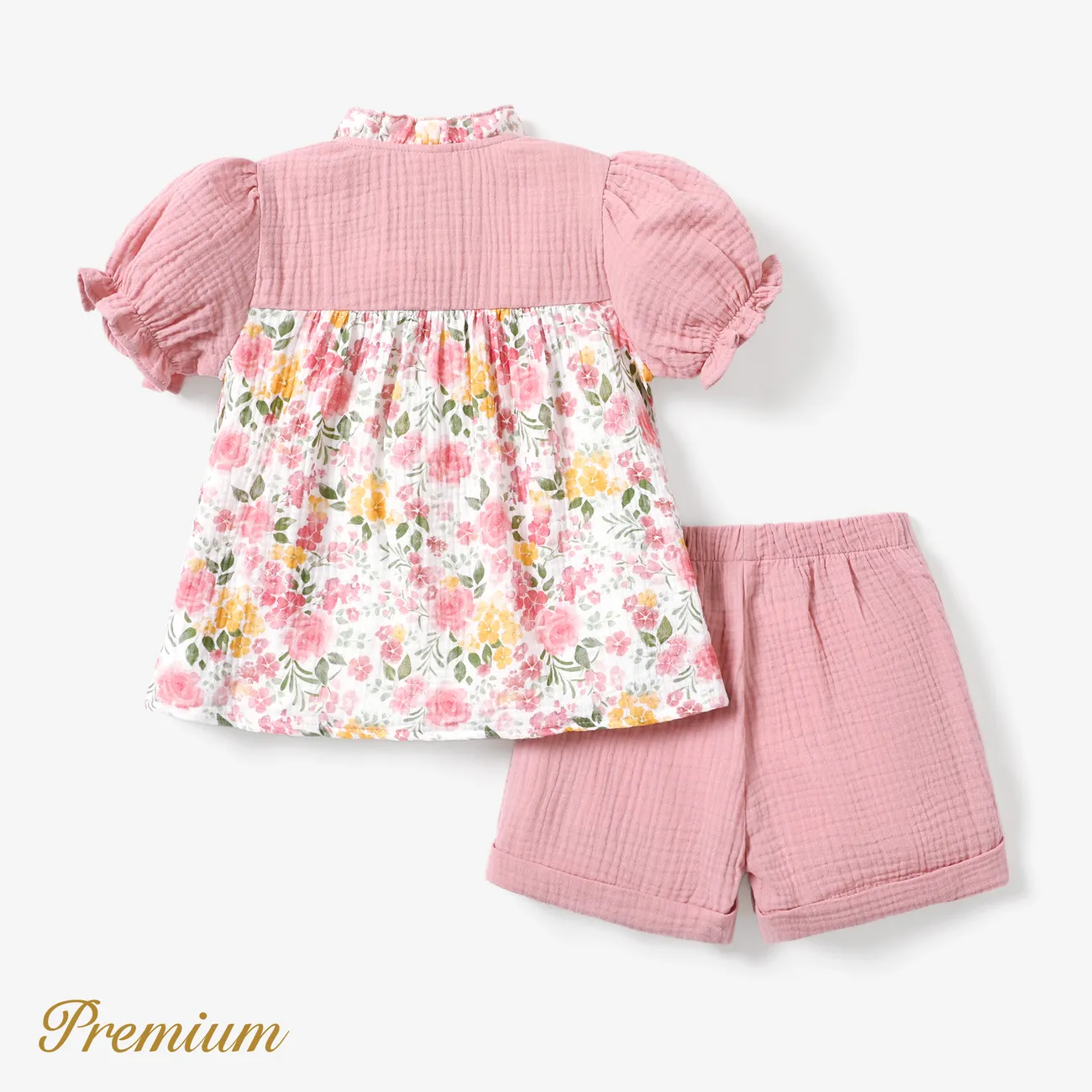 2pcs Toddler/Kid Girl Elegant Cotton  Set with Ruffle Edge and Broken Flower Pattern  Mauve Pink big image 1