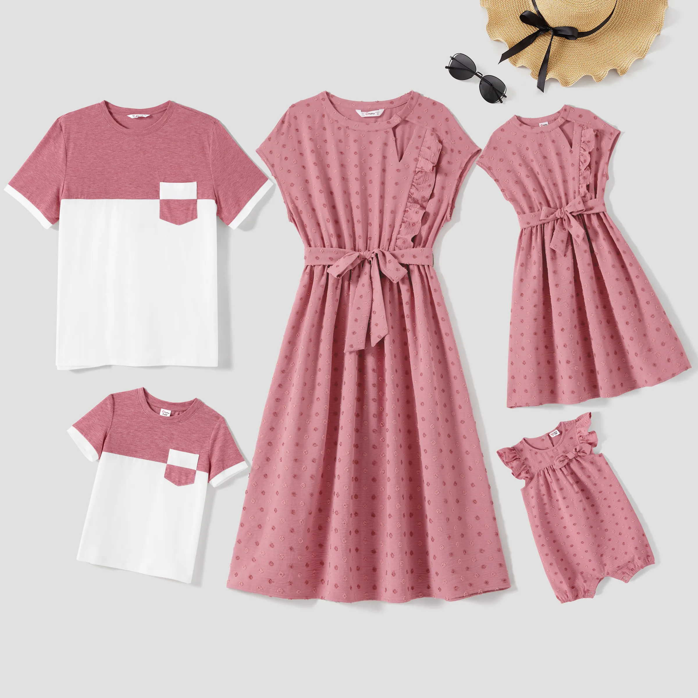 Family Matching Swiss Dot Belted Dresses And Two Tone Short-sleeve T-shirts Sets
