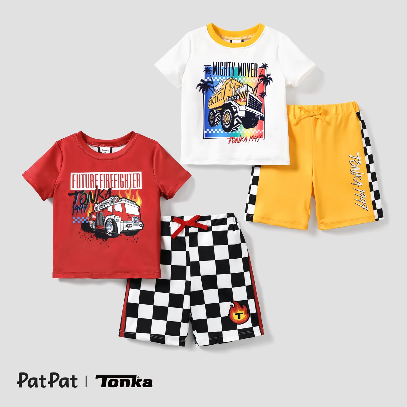 Tonka Toddler Boys 1pc Grid Colorblock Print Short-sleeve Tee with Shorts Set
 Yellow big image 1