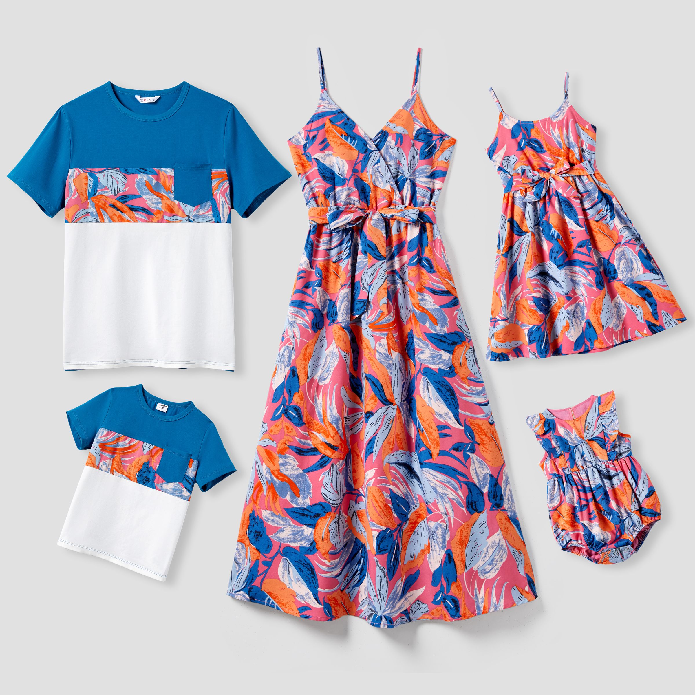 Famille Assortie Colorblock T-shirt Et Floral Wrap Top Strap Dress Ensembles