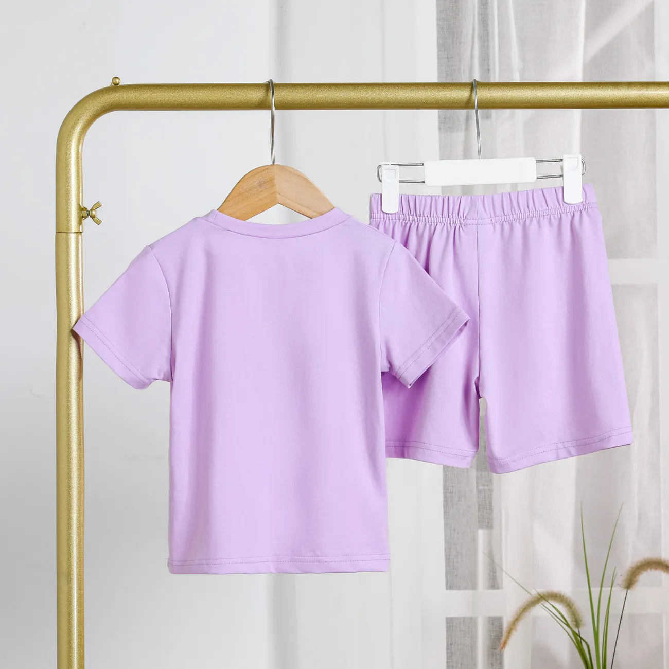 Toddler Boy/Girl 2pcs Cotton Solid Color Tee and Shorts Set Light Purple big image 1