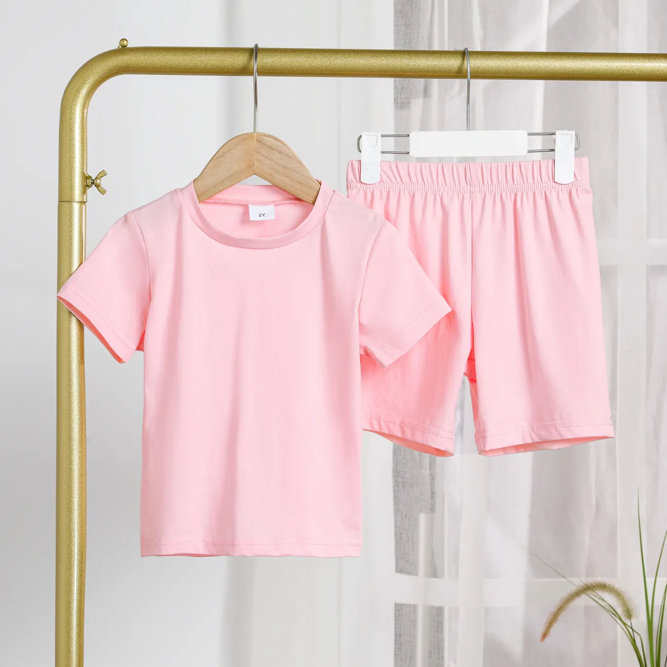 Toddler Boy/Girl 2pcs Cotton Solid Color Tee and Shorts Set Pink big image 1