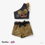 L.O.L. SURPRISE! 2pcs Toddler Girls Character Printed Slanted Ruffled Shoulder T-Shirt and Bowknot Shorts Set Gold