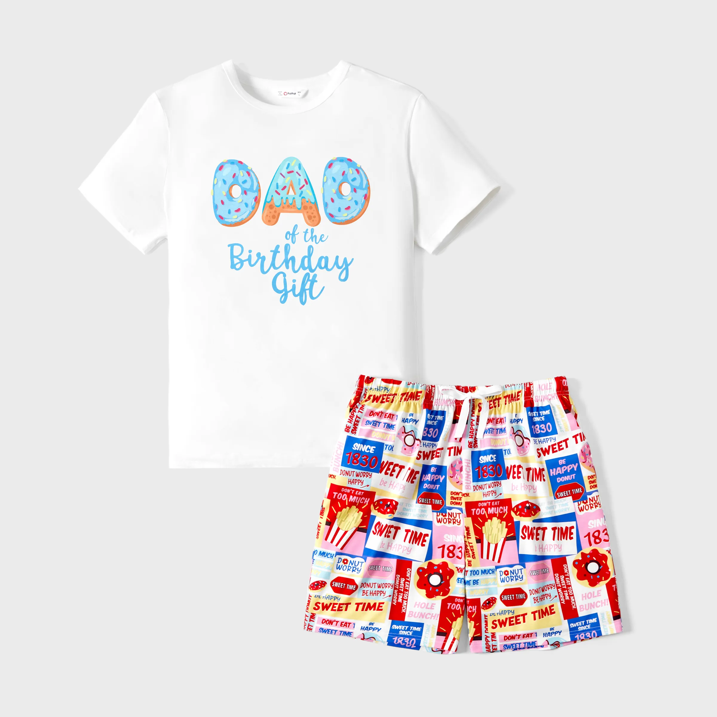 Family Matching Birthday Party Doughnut Pattern Top and Allover Shorts Pajamas Sets (Flame Resistant