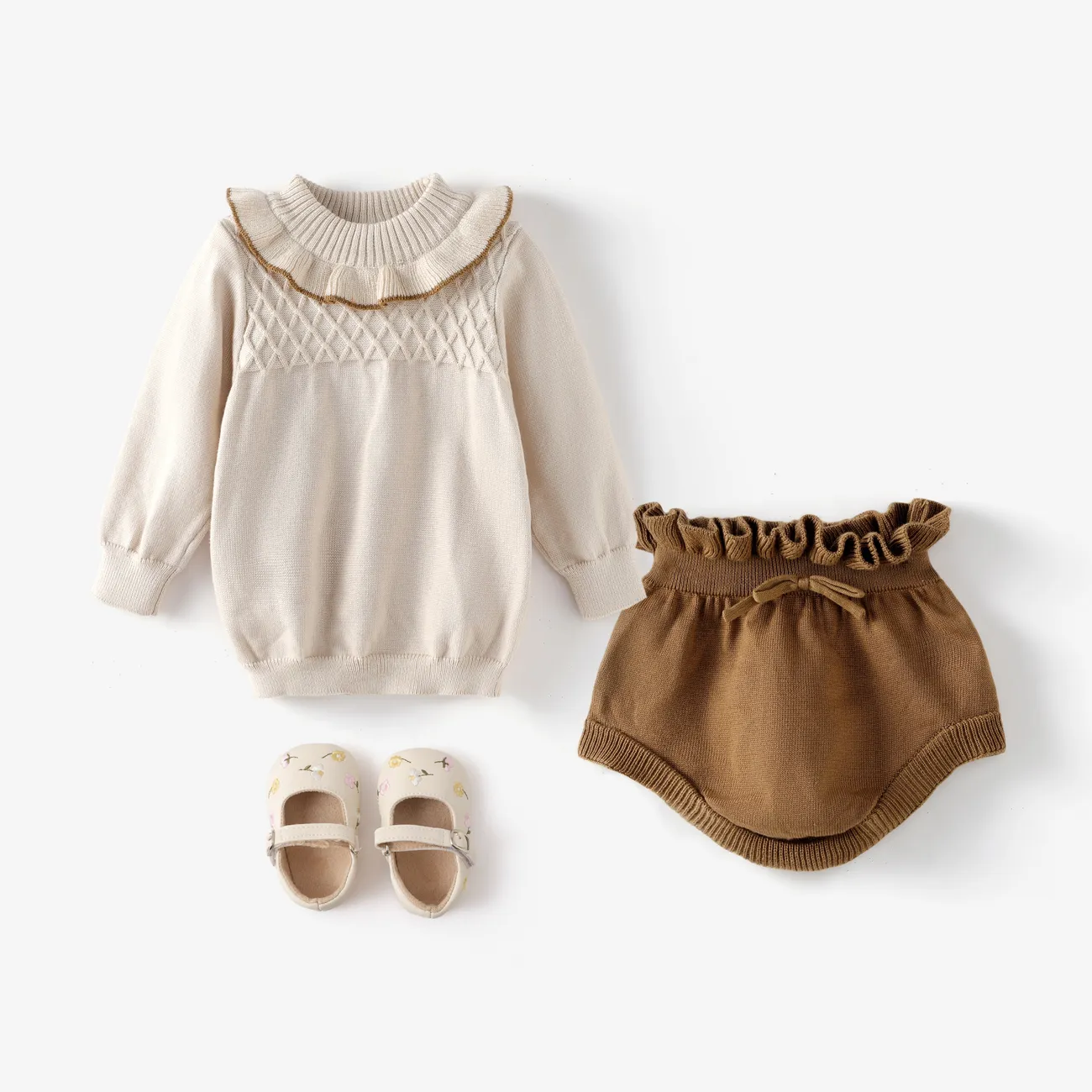 2pcs Baby Solid Long-sleeve Ruffle Knitted Sweater Pullover and Shorts Set White big image 1
