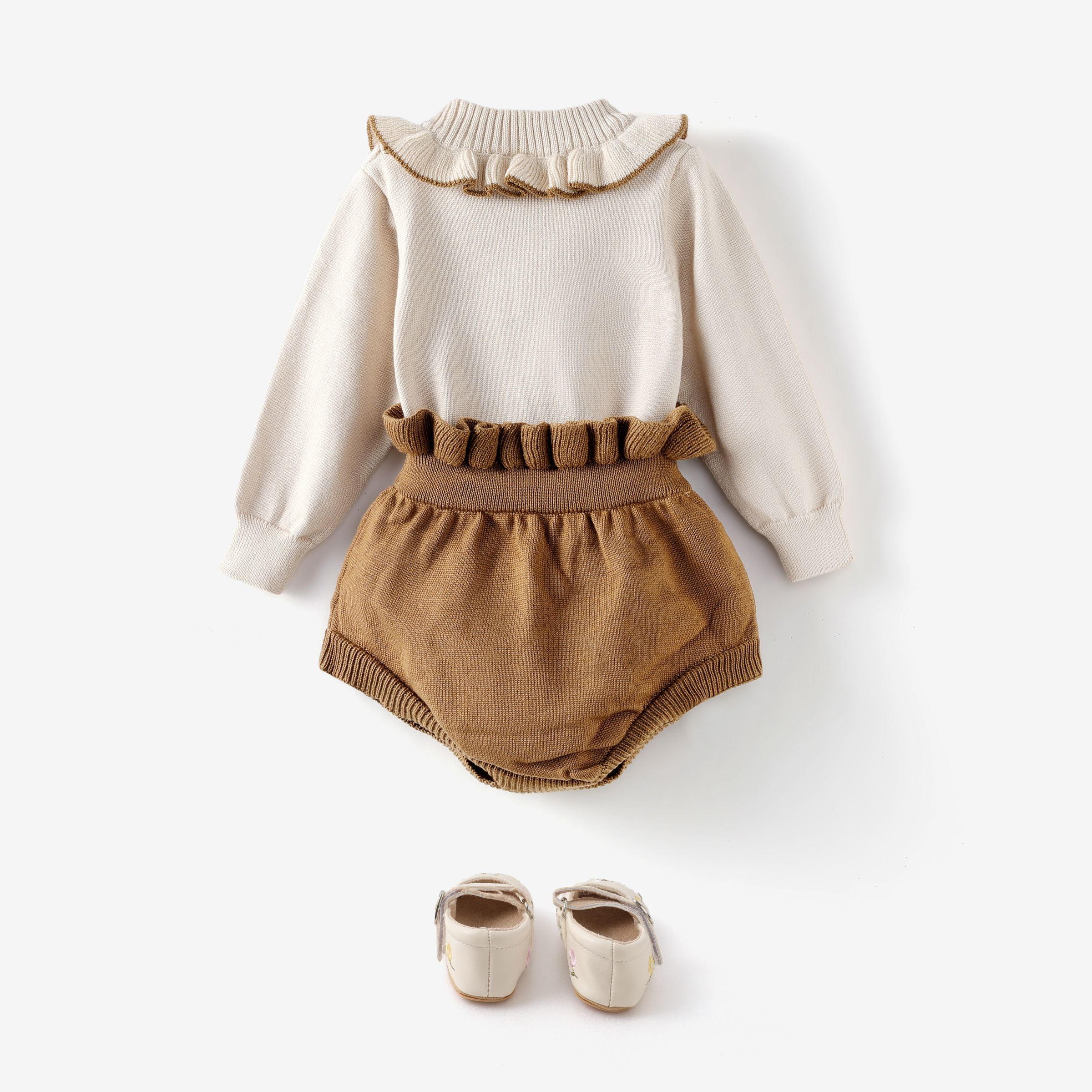 Baby Girl 2pcs Knitted Textured Sweater And Shorts Set/ Prewalker Shoes