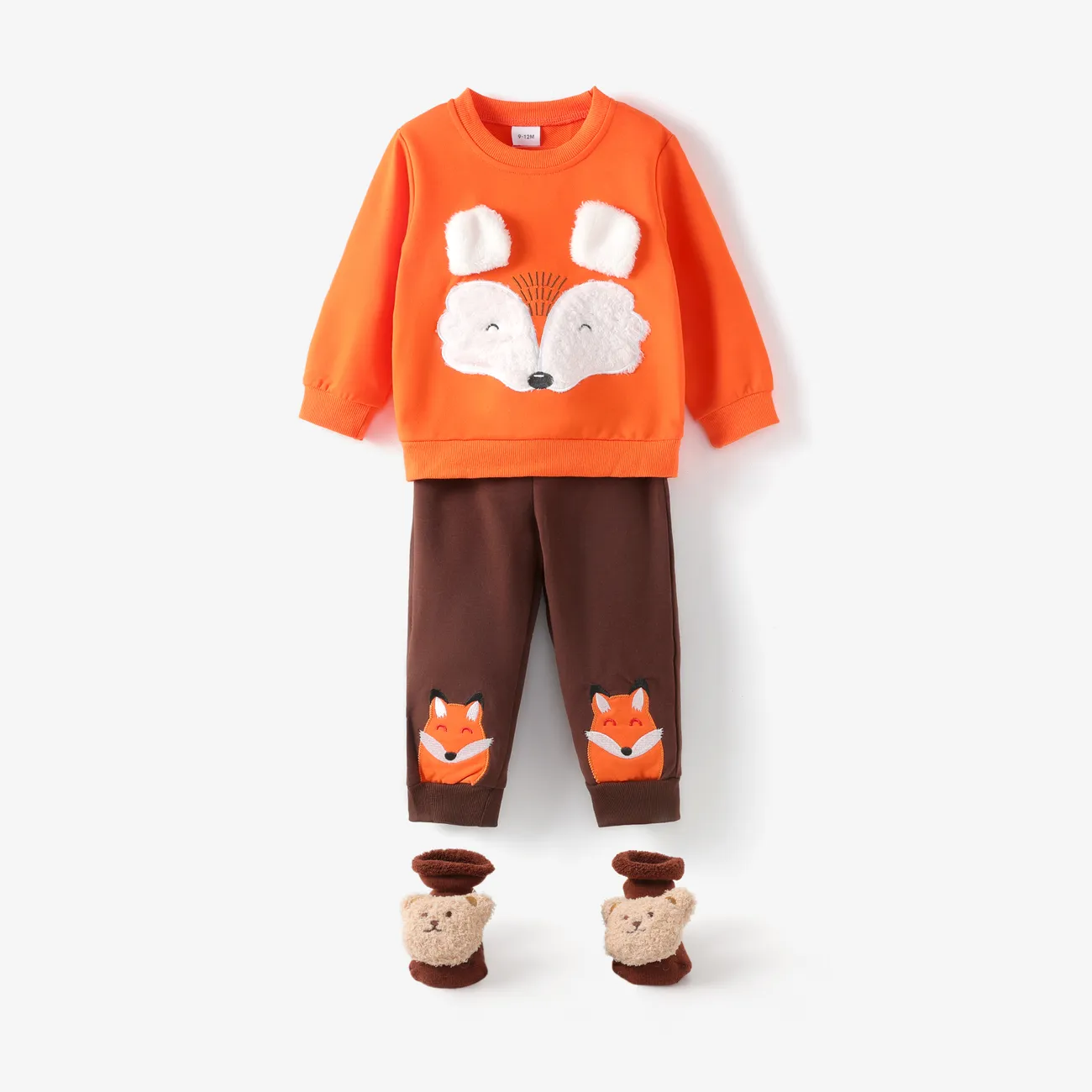 2pcs Baby Boy Cartoon Fox Pattern Orange Long-sleeve Sweatshirt and Trousers Set Orange big image 1