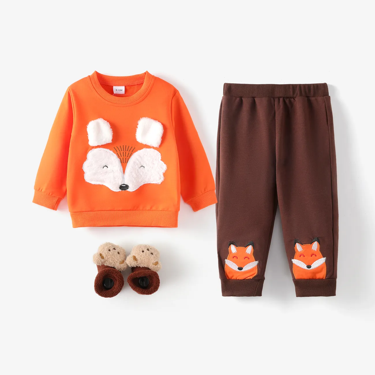 2pcs Baby Boy Cartoon Fox Pattern Orange Long-sleeve Sweatshirt and Trousers Set Orange big image 1