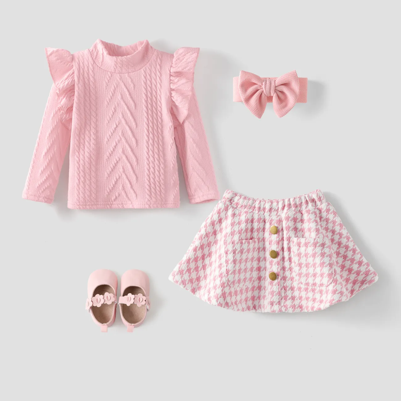 2pcs Baby Girl Sweet Grid/Houndstooth  Suit-Dress with Ruffle Edge Hot Pink big image 1