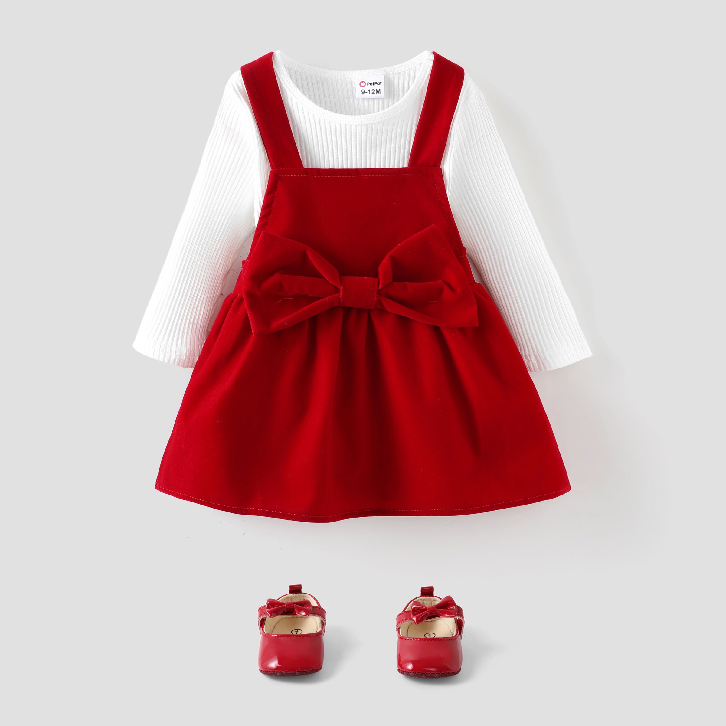 2pcs Baby Girl 95% Cotton Ribbed Long-sleeve Romper And Red Bow Front Overall Dress Set