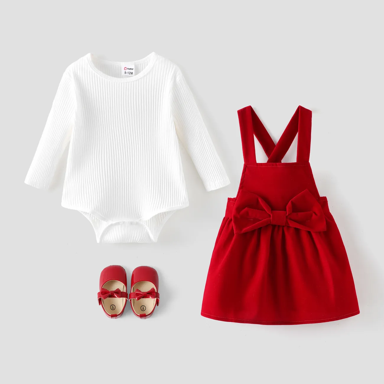 2pcs Baby Girl 95% Cotton Ribbed Long-sleeve Romper and Red Bow Front Overall Dress Set Red big image 1