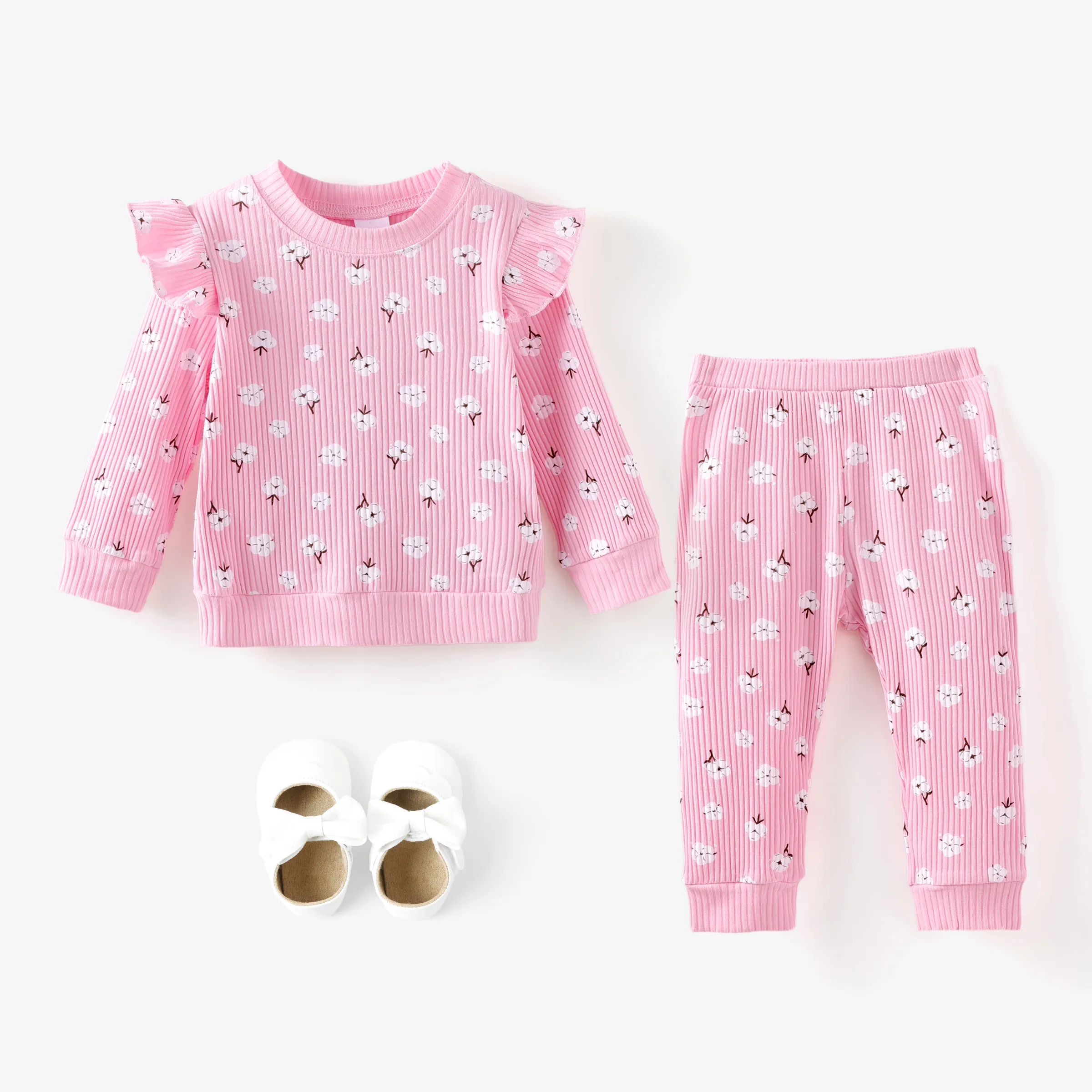 2pcs Baby Girl Floral Print Cotton Ribbed Long-sleeve Set