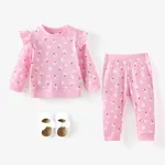 2pcs Baby Girl Floral Print Cotton Ribbed Long-sleeve Set Pink