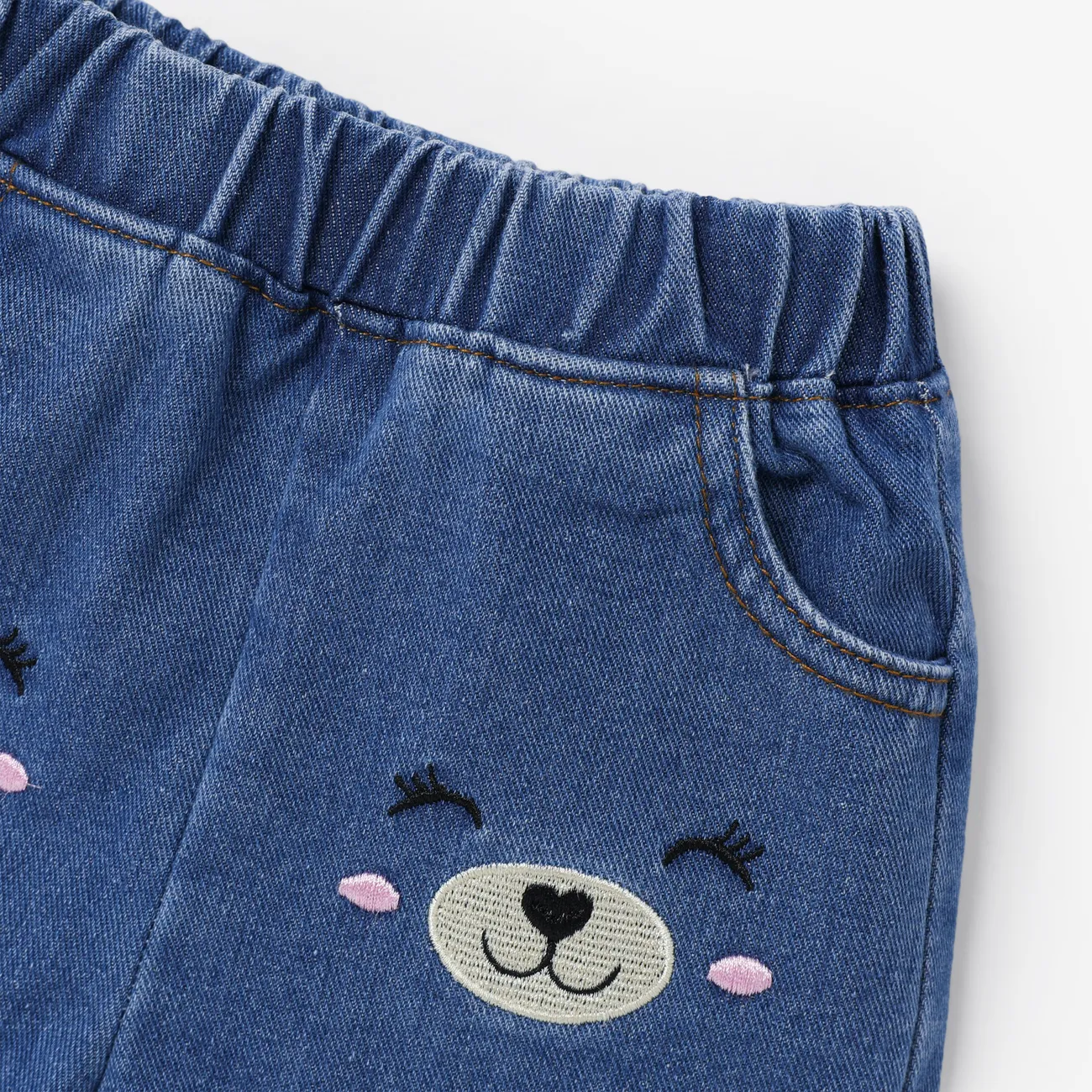Baby Girl Sweet Embroidered Bear Print Tee amd Denim Shorts Set Pink big image 1