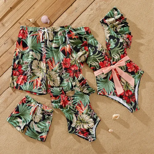 Family Matching Allover Floral Print Swim Trunks Shorts and Ruffle Belted One-Piece Swimsuit