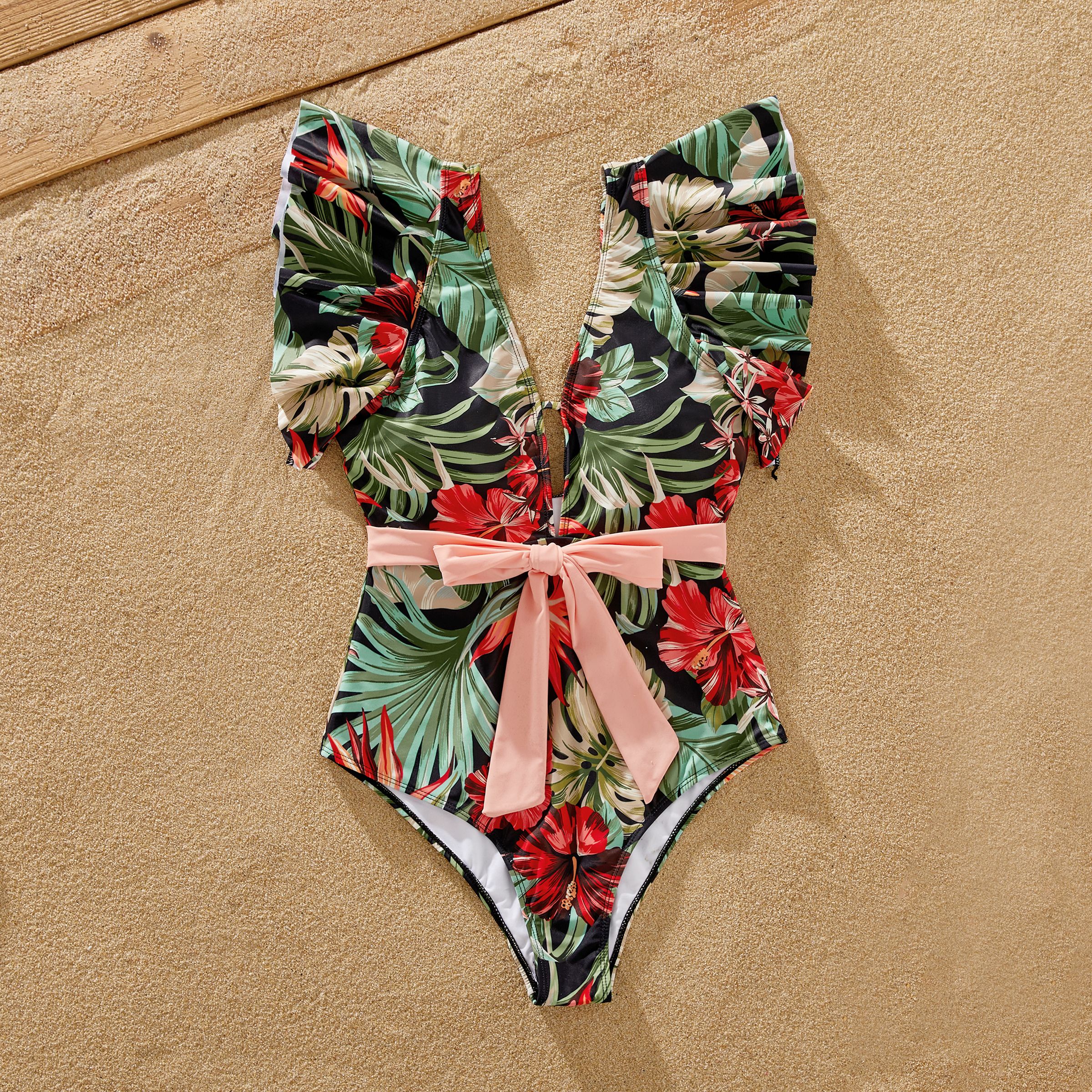 Family Matching Allover Floral Print Swim Trunks Shorts And Ruffle Belted One-Piece Swimsuit