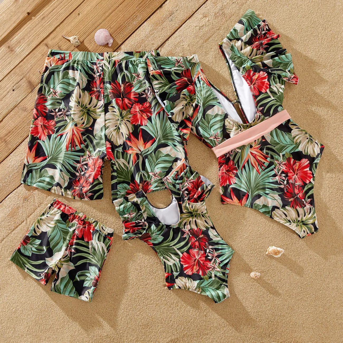 Family Matching Allover Floral Print Swim Trunks Shorts and Ruffle Belted One-Piece Swimsuit Pink big image 1