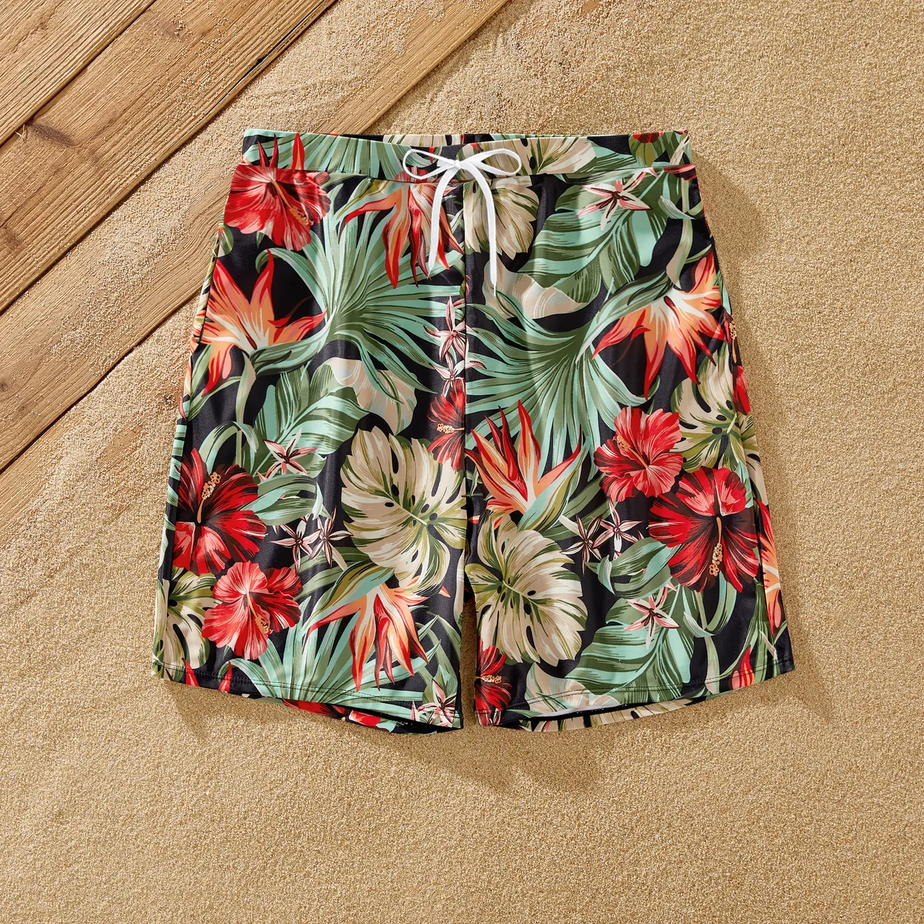 Family Matching Allover Floral Print Swim Trunks Shorts and Ruffle Belted One-Piece Swimsuit Pink big image 1