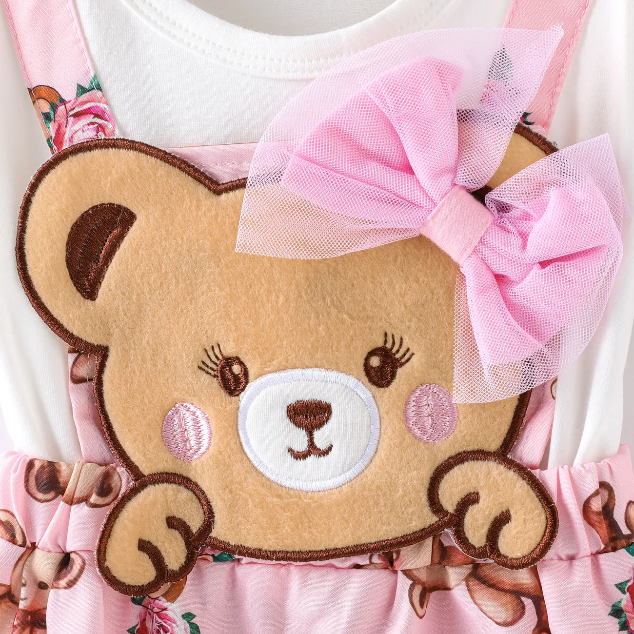 Baby Girl 100% Cotton Short-sleeve Cartoon Bear Faux-two Suspender Dress Pink big image 1