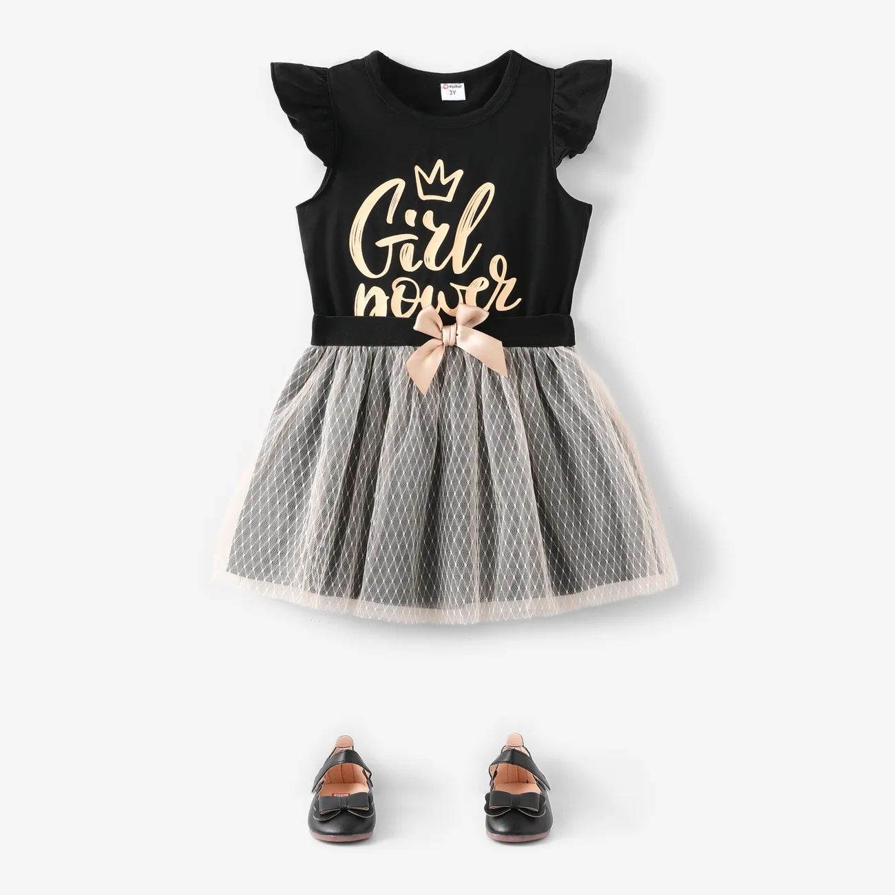 2-قطعة طفلة صغيرة رسالة مطبوعة بأكمام رفرفة سوداء ومجموعة تنورة شبكية بتصميم Bowknot أسود big image 1