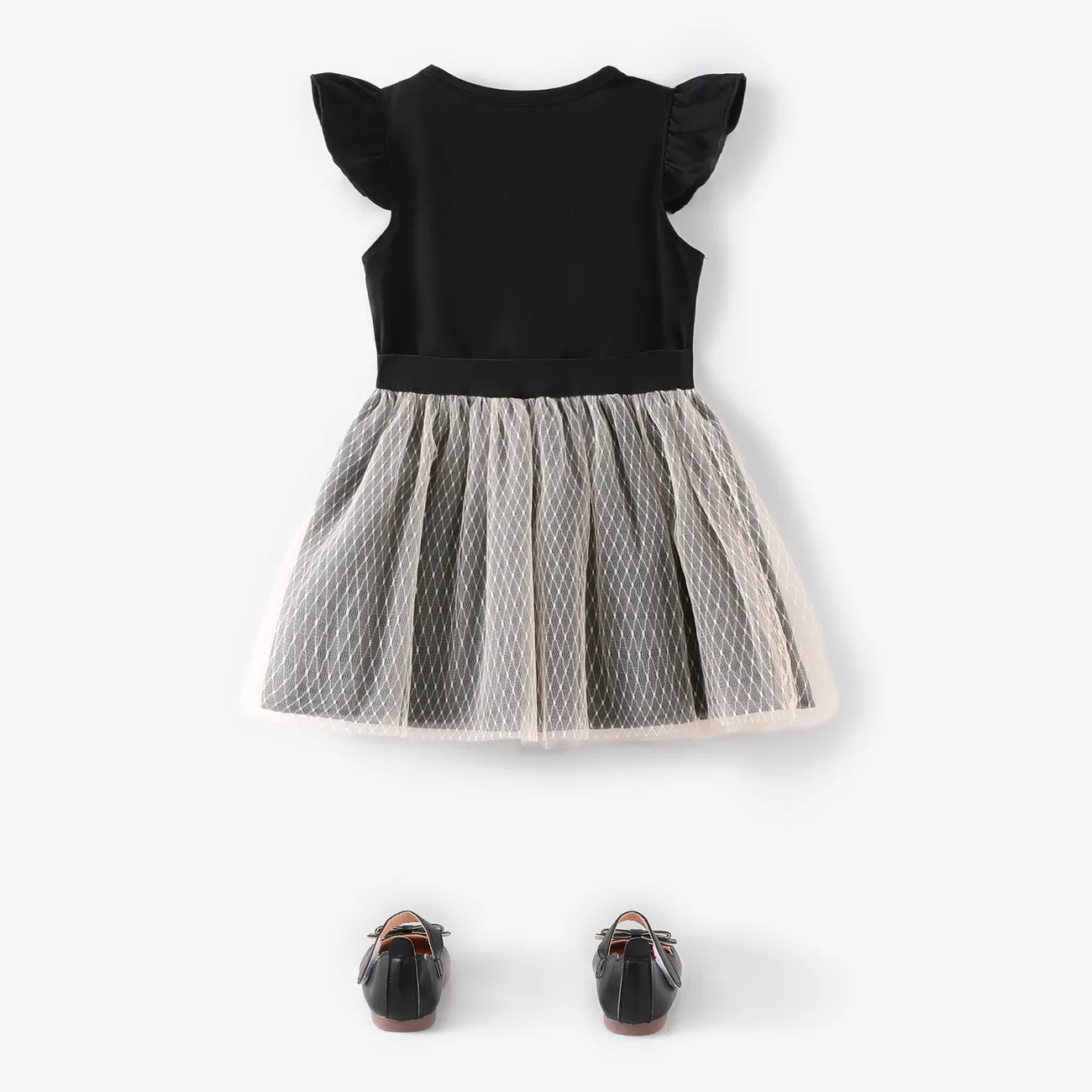 2-قطعة طفلة صغيرة رسالة مطبوعة بأكمام رفرفة سوداء ومجموعة تنورة شبكية بتصميم Bowknot أسود big image 1