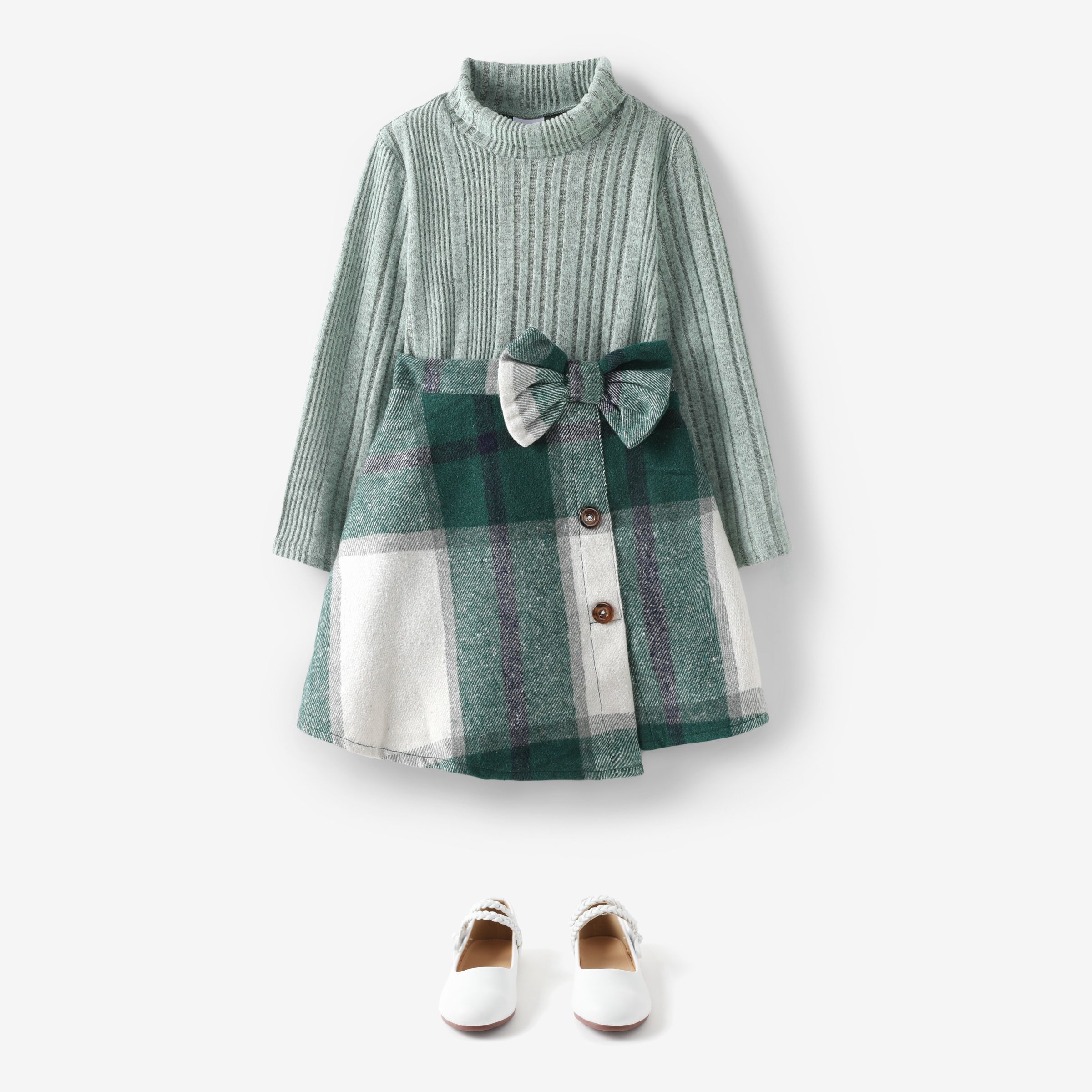 2pcs Kid Girl Long-sleeve Sweater And Bow Decor Plaid Skirt Set