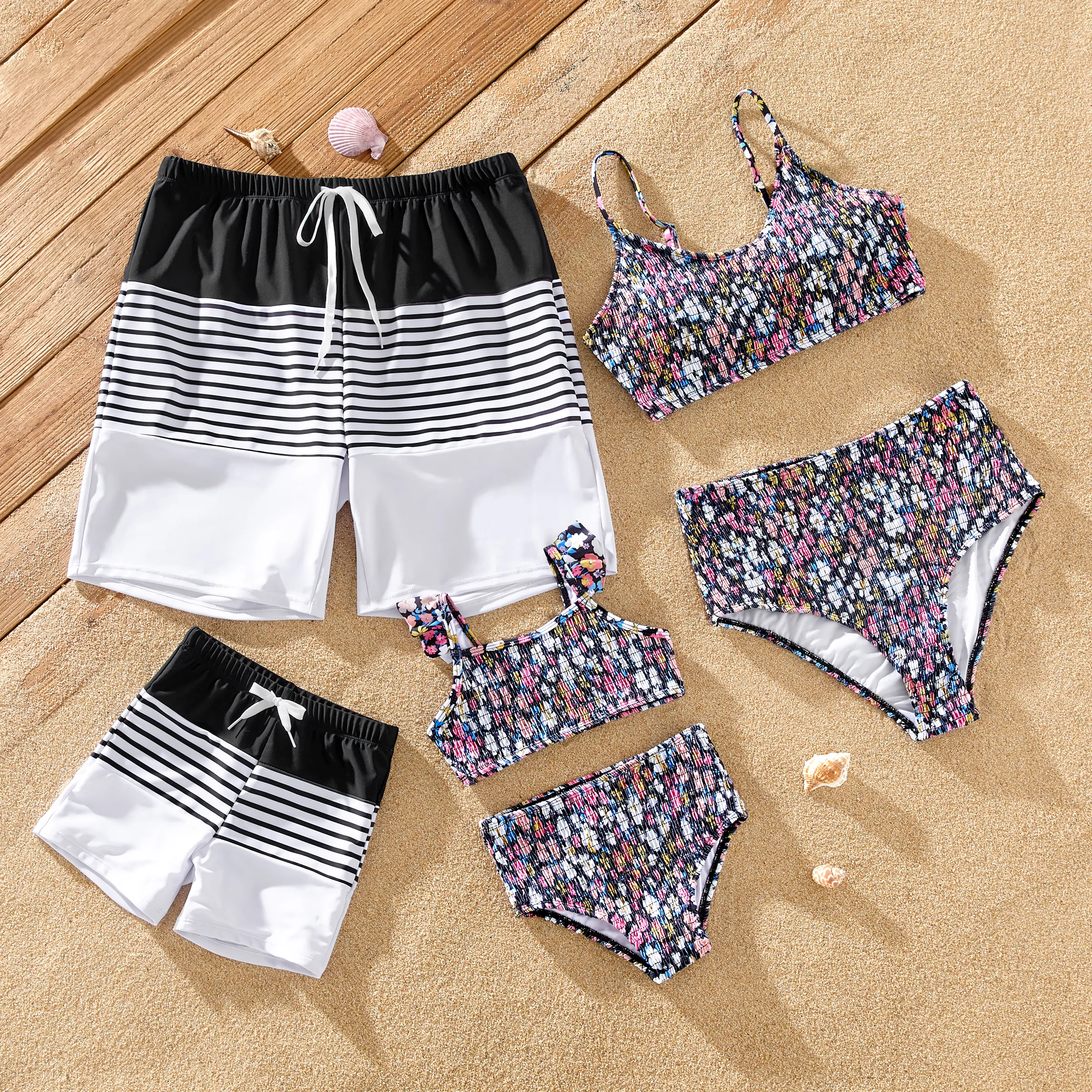 Family Matching Colorblock Stripe Swim Trunks Or Floral Two-Piece Shirred Swimsuit