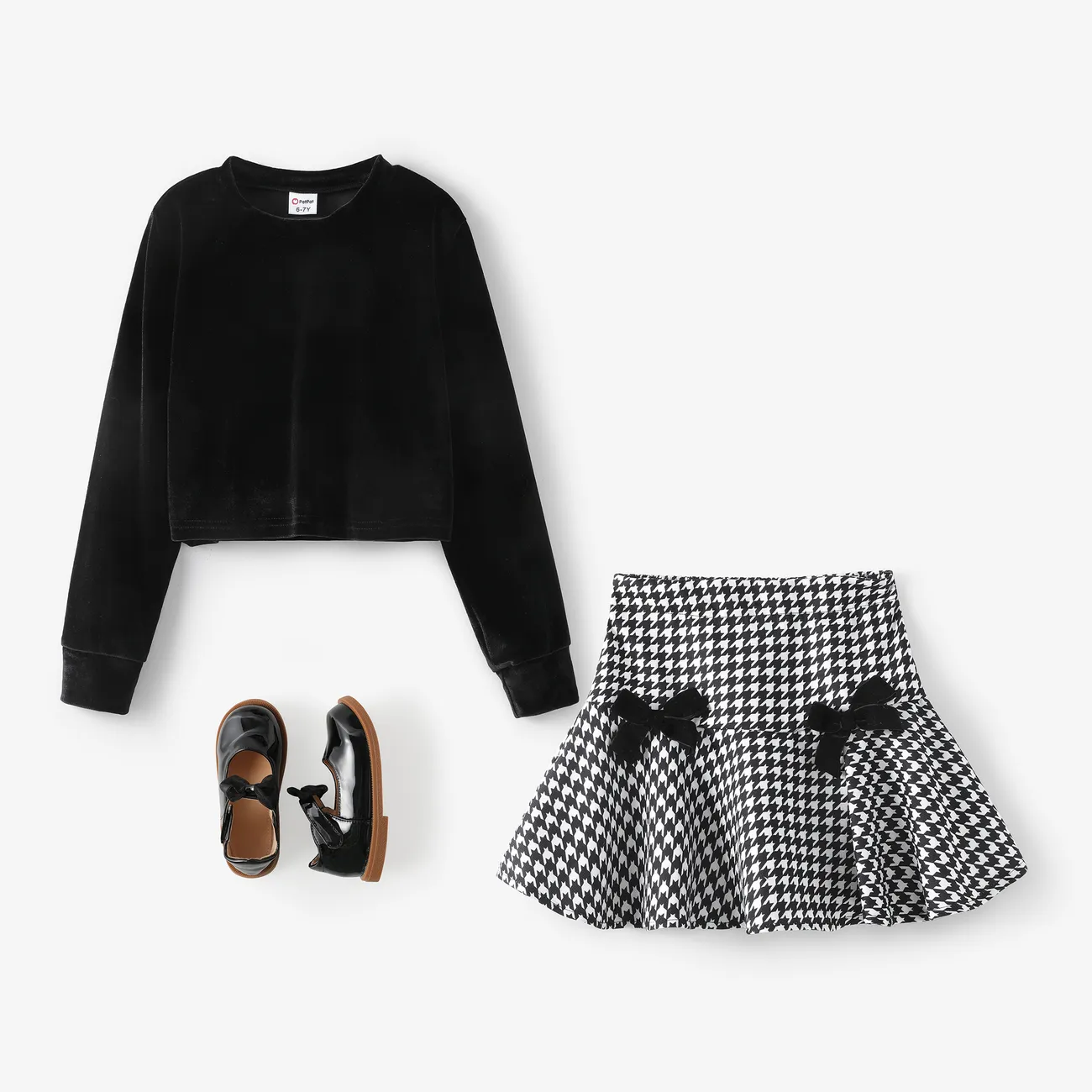 2pcs Kid Girl Velvet Long-Sleeve Crop Tee and Grip Skirt Set Black big image 1