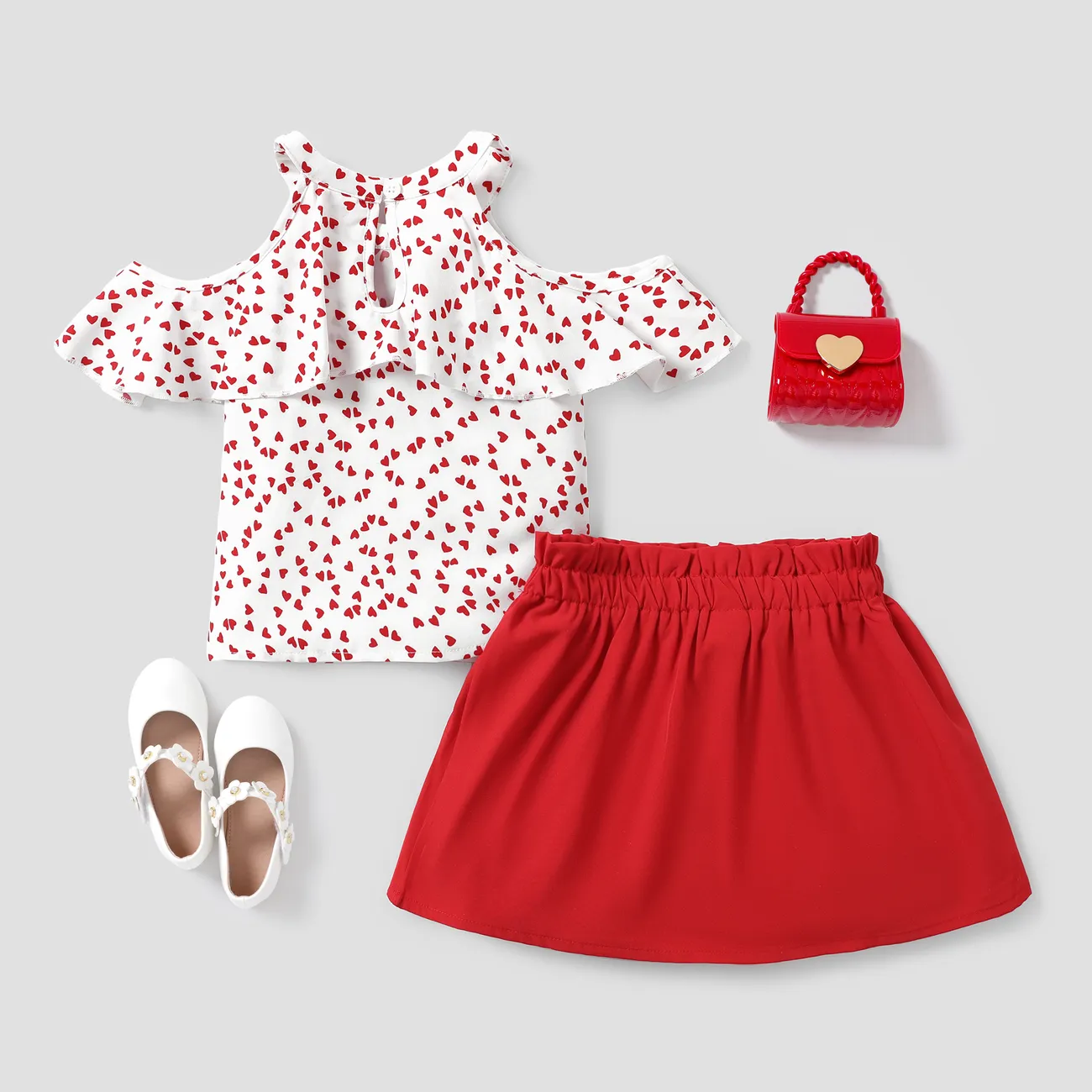 Dia da Mãe Criança Menina Sem ombro Bonito Fato saia e casaco vermelho branco big image 1