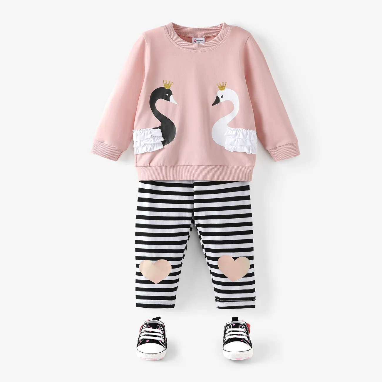 2pcs Swan and Stripe Print Long-sleeve Baby Set Pink big image 1