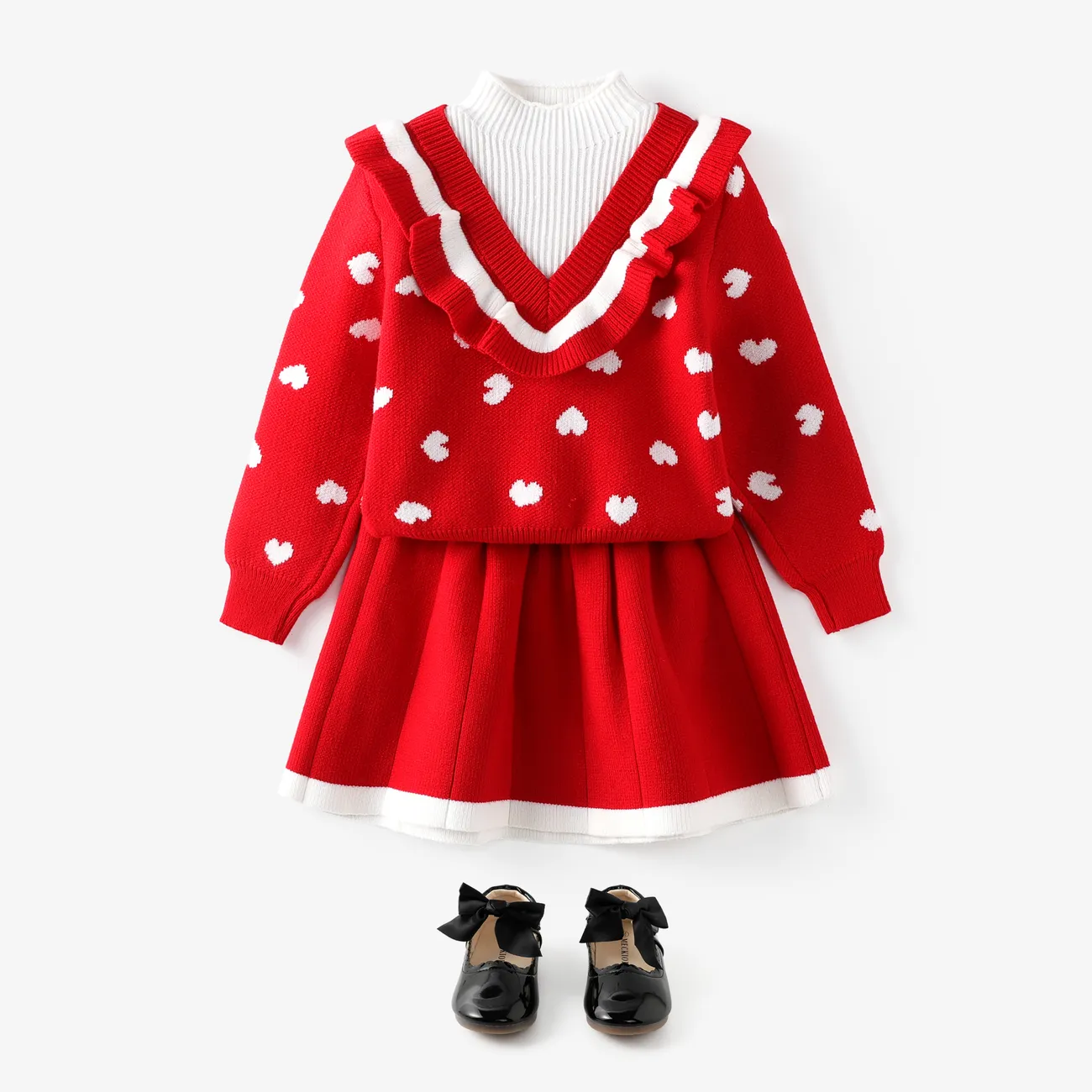  2PCS Toddler Girl Sweet Heart-shaped Faux-two Sweater and Skirt Set Red big image 1