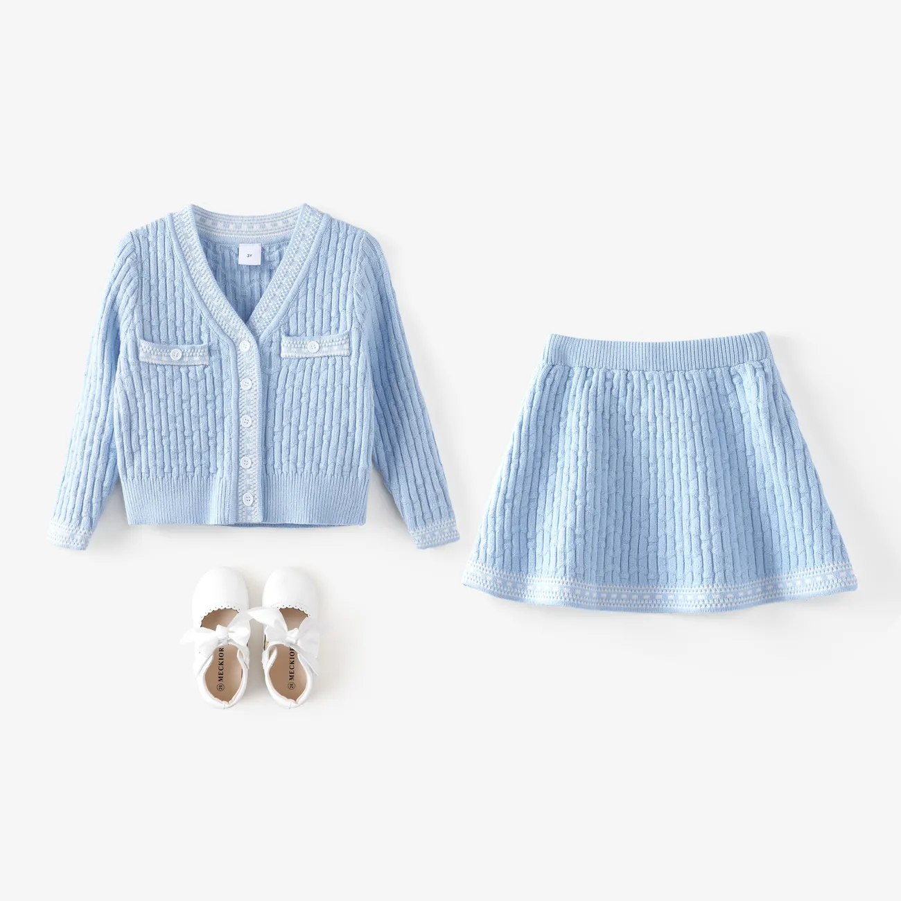 2PCS Kid Girl Sweet Textured Sweater and Skirt Set Blue big image 1