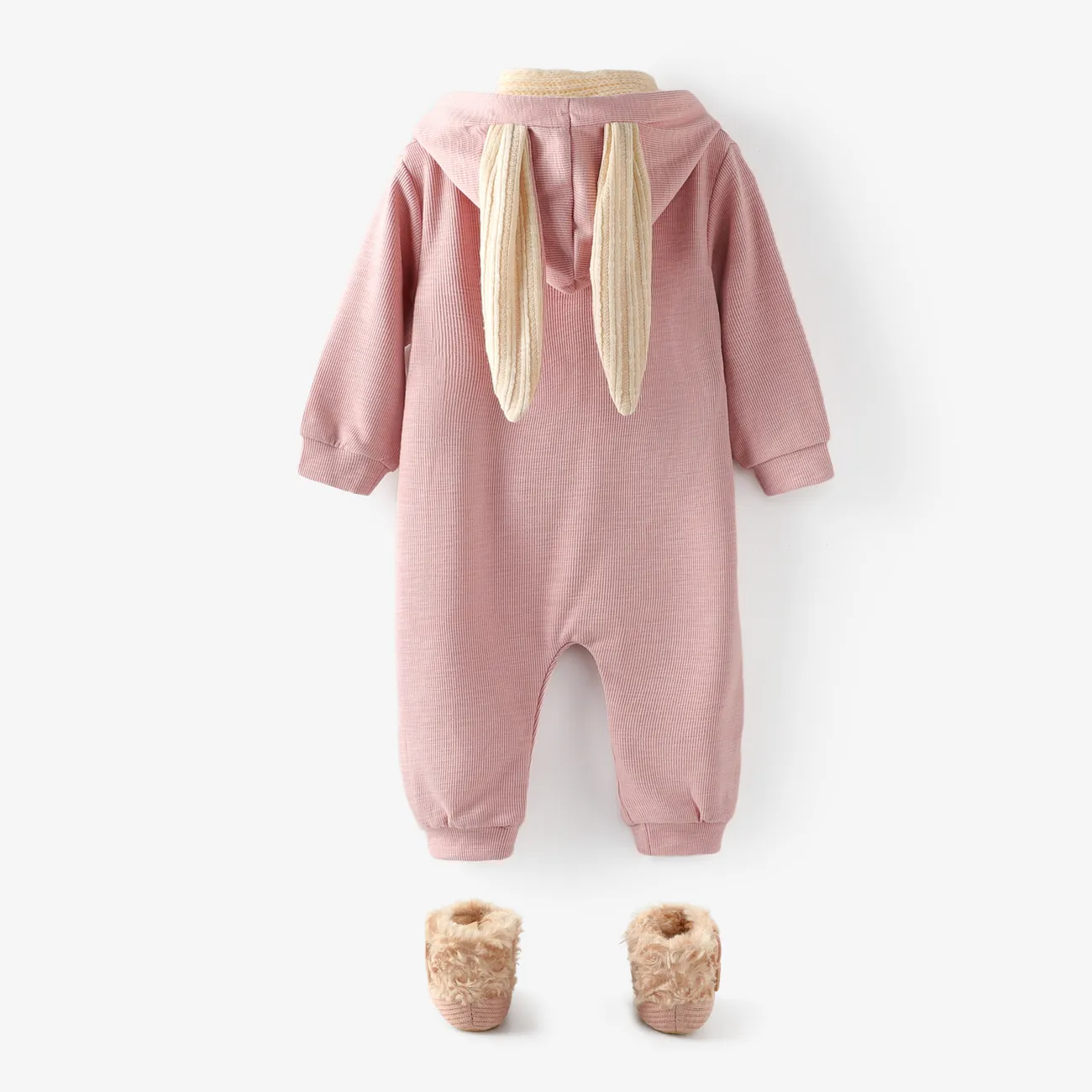Solid Hooded 3D Bunny Ear Decor Long-sleeve White or Pink or Blue or Grey Baby Jumpsuit Pink big image 1