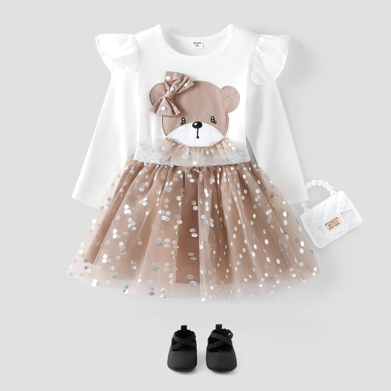2pcs Toddler Girl Bear Pattern Mesh Flutter Sleeve Suit-Dress White big image 1