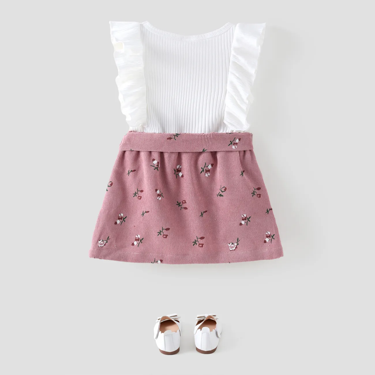 2pcs Toddler Girl Sweet Ruffled Sleeveless Tee and Floral Print Corduroy Skirt Set Pink big image 1