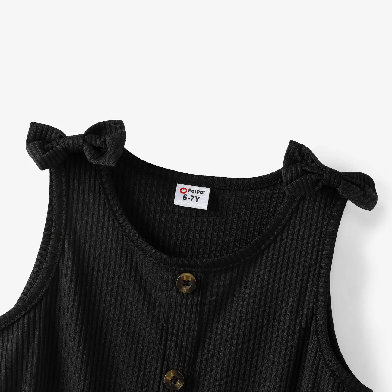Kid Girl Plaid Ribbed Splice Button Design Sleeveless Dress Black big image 1