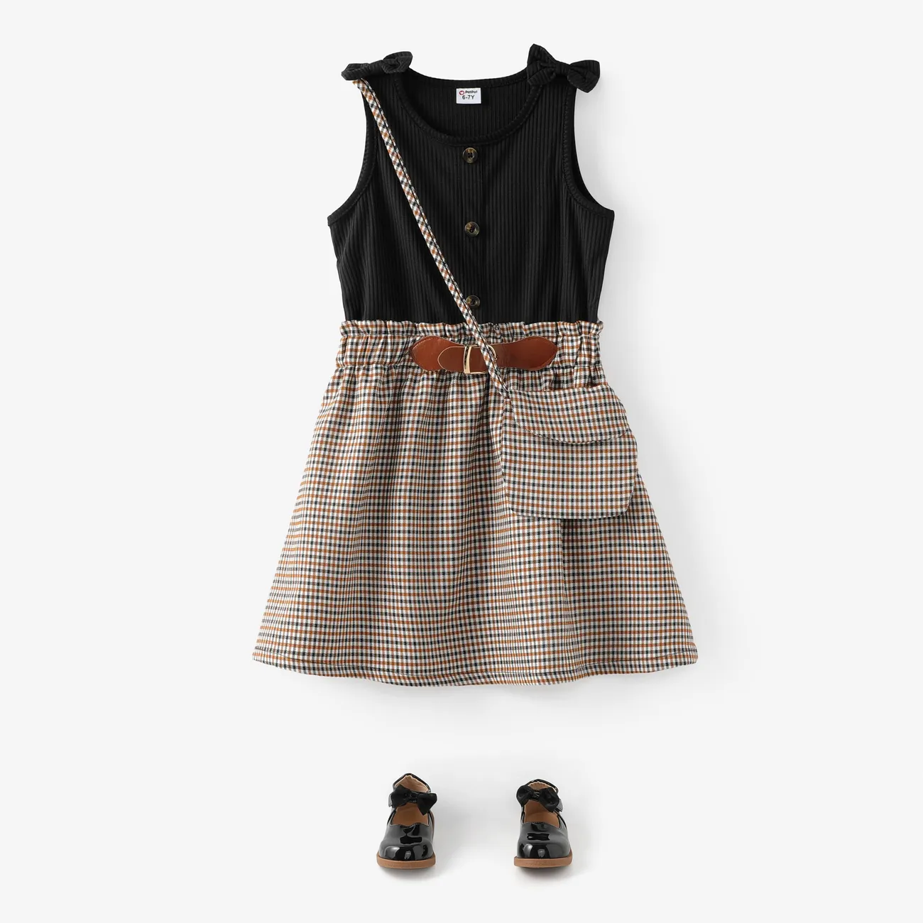 Kid Girl Plaid Ribbed Splice Button Design Sleeveless Dress Black big image 1