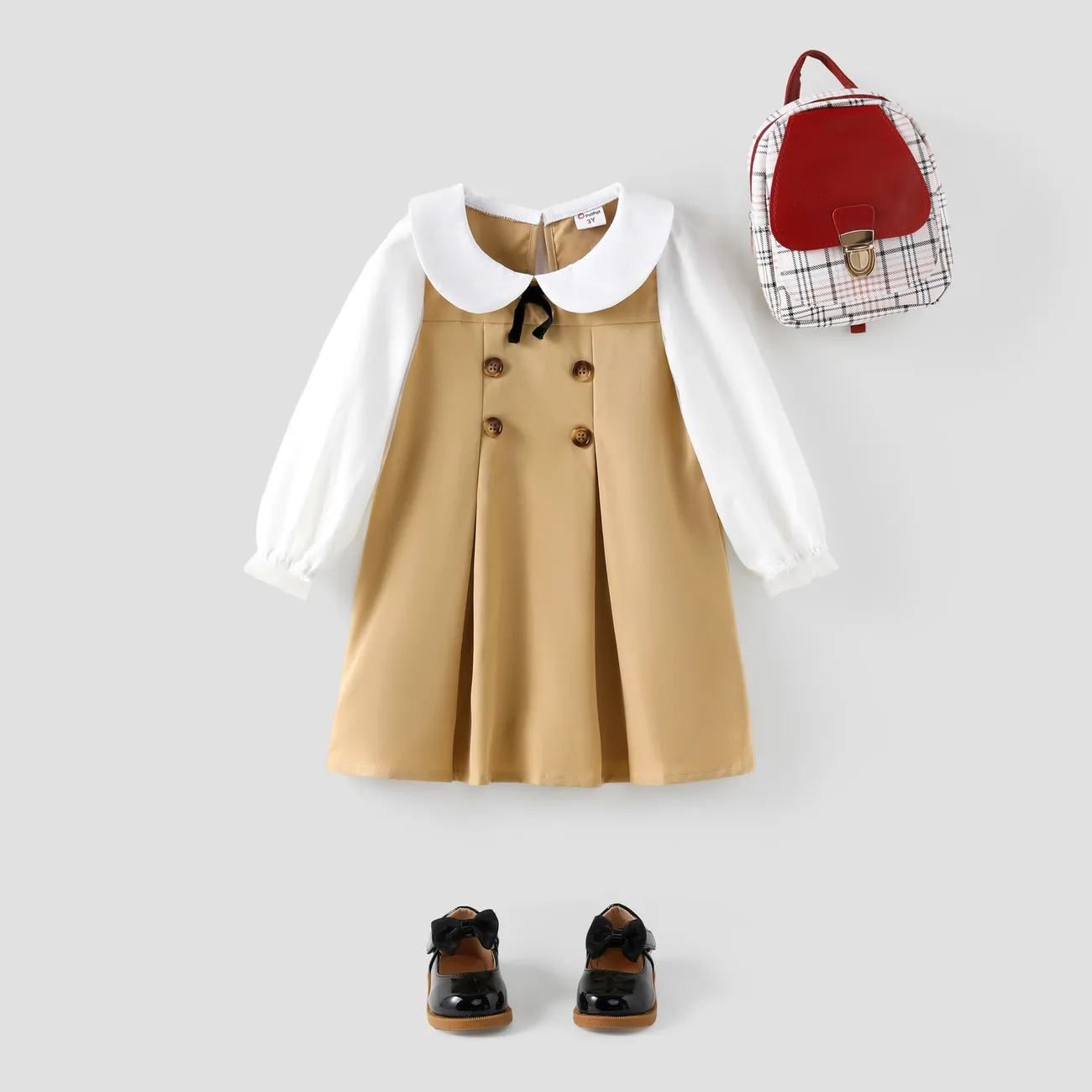 Toddler Girl Doll Collar Bowknot Design Mesh Long-sleeve Khaki Dress Khaki big image 1