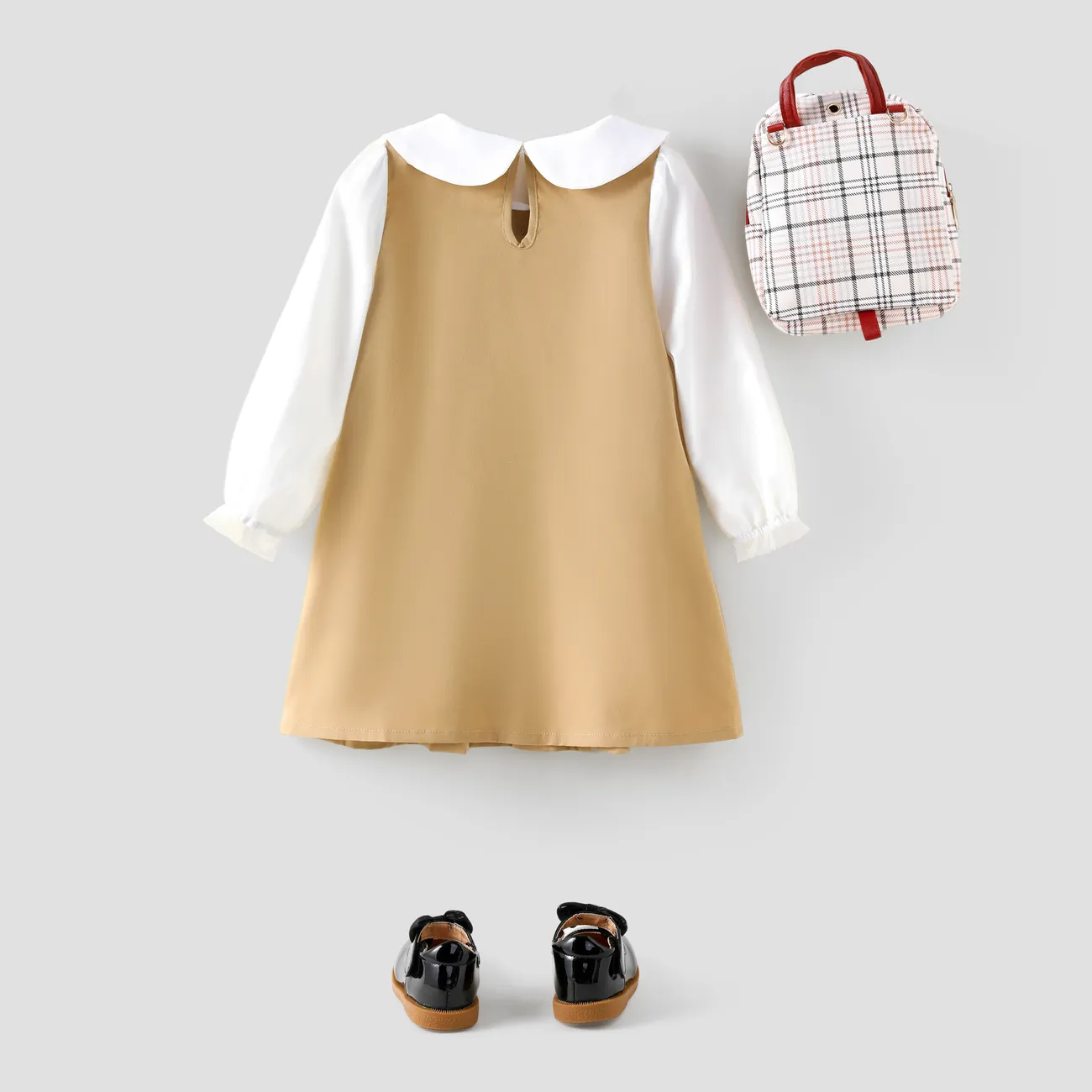 طفل فتاة دمية طوق bowknot تصميم شبكة طويلة الأكمام اللباس الكاكي كاكي big image 1