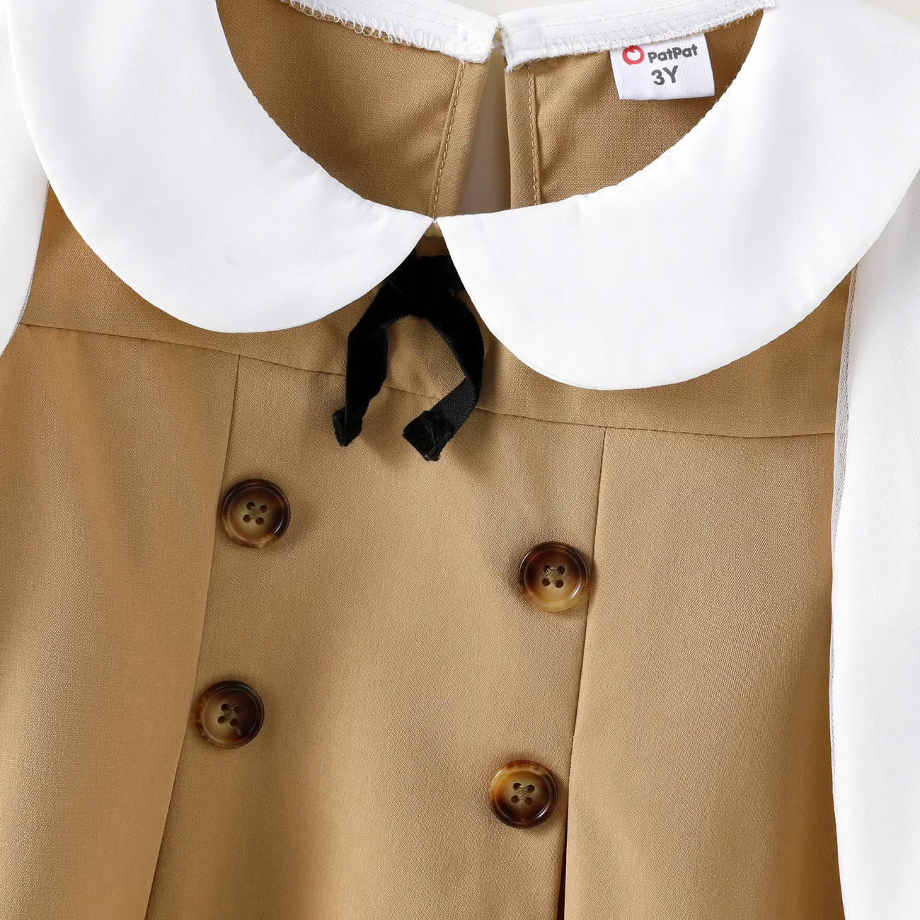 Toddler Girl Doll Collar Bowknot Design Mesh Long-sleeve Khaki Dress Khaki big image 1