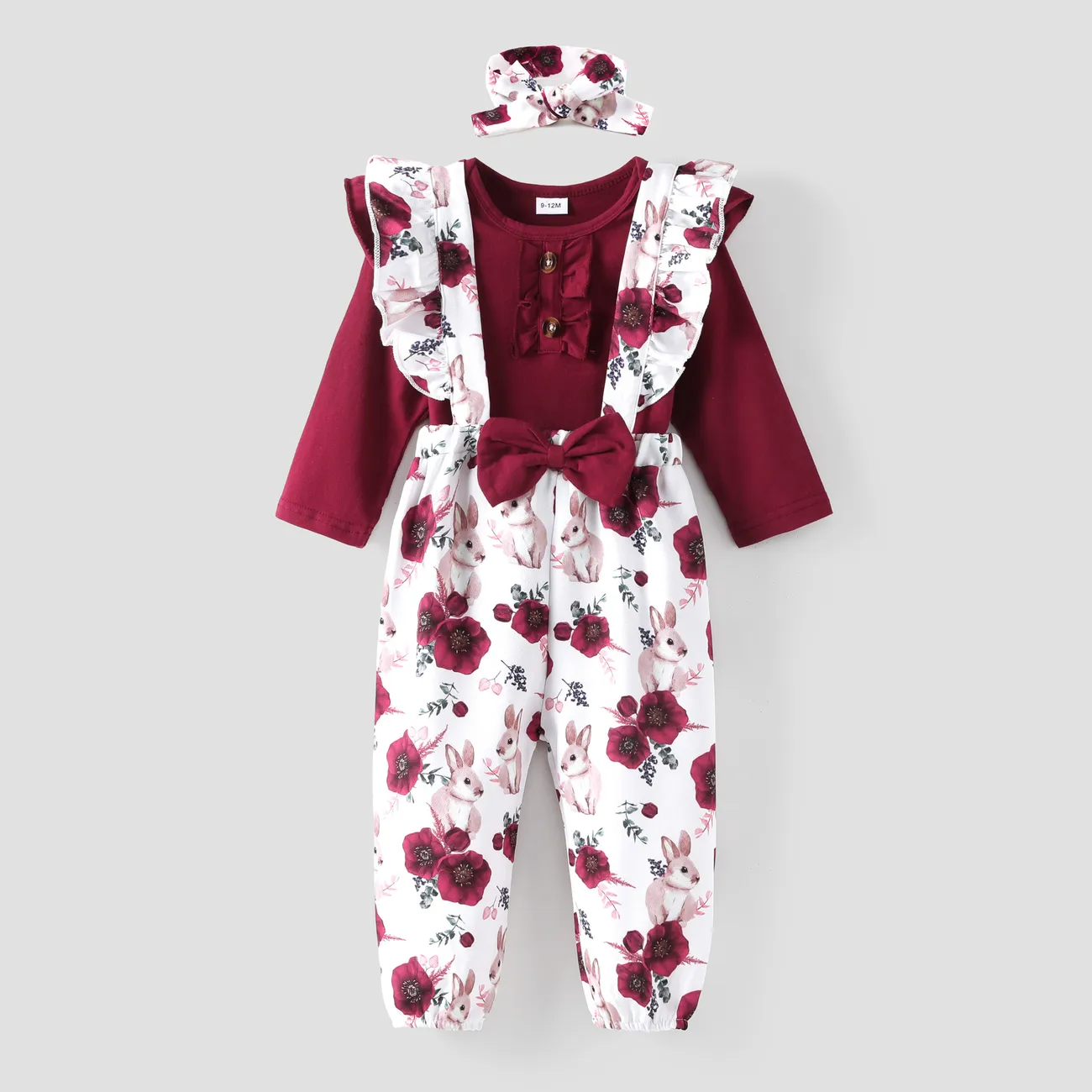 Baby Girl 3pcs Sweet Solid Romper and Floral Print Ruffled Overalls with Headband Set Burgundy big image 1