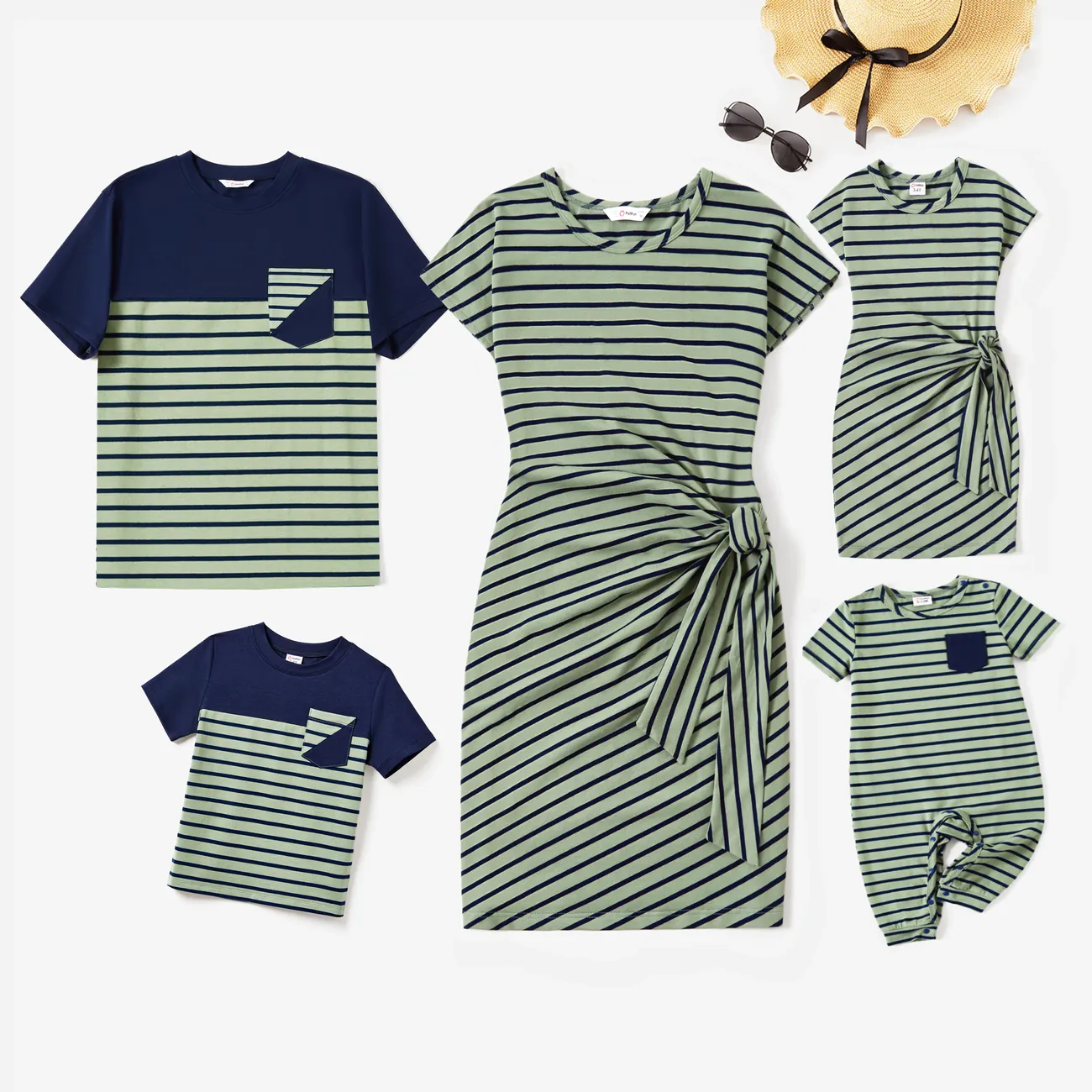 Family Matching Stripe Colorblock Tee and H-Line Side-Tie Dress Sets Army green big image 1