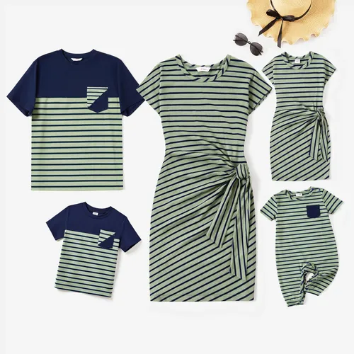 Family Matching Stripe Colorblock Tee and H-Line Side-Tie Dress Sets