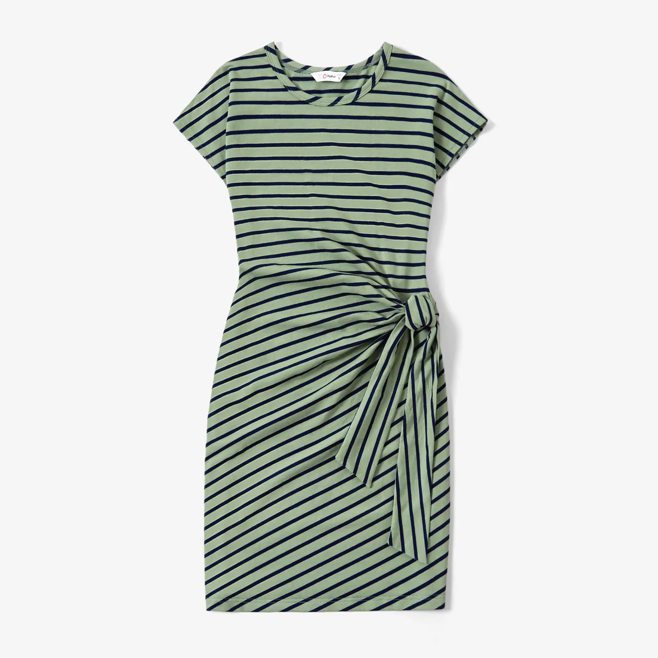 Family Matching Stripe Colorblock Tee and H-Line Side-Tie Dress Sets Army green big image 1