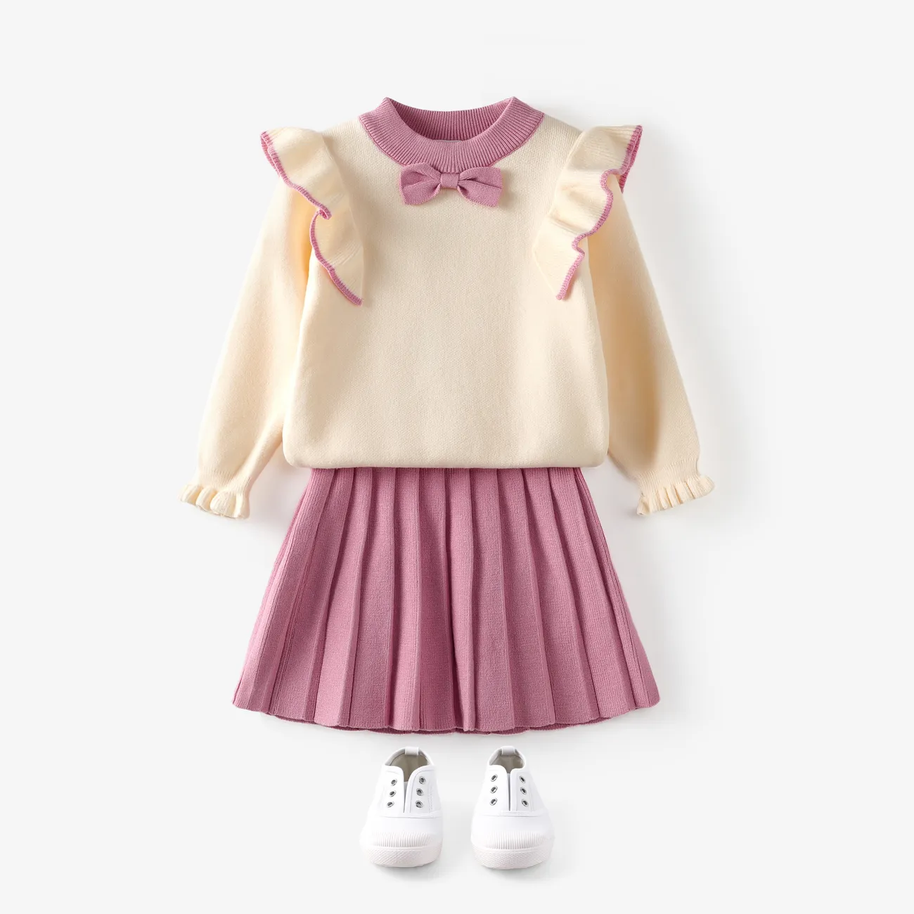 2-piece Toddler Girl Bowknot Flounced Knitted Sweater and Pleated Skirt Set Pink big image 1
