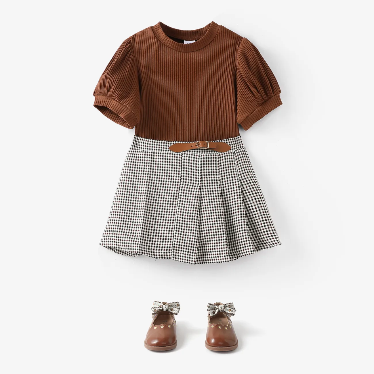 2pcs Toddler Girl Classic Puff-sleeve Tee and Houndstooth Pleated Skirt Set Brown big image 1