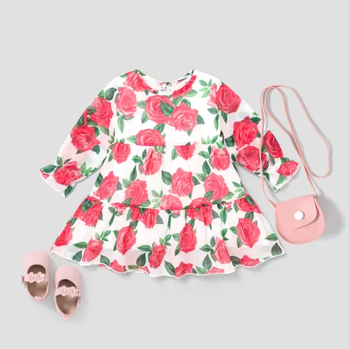 Lindo vestido de bebé niña con estampado de rosas, 100% poliéster, borde con volantes, manga larga, estilo dulce
